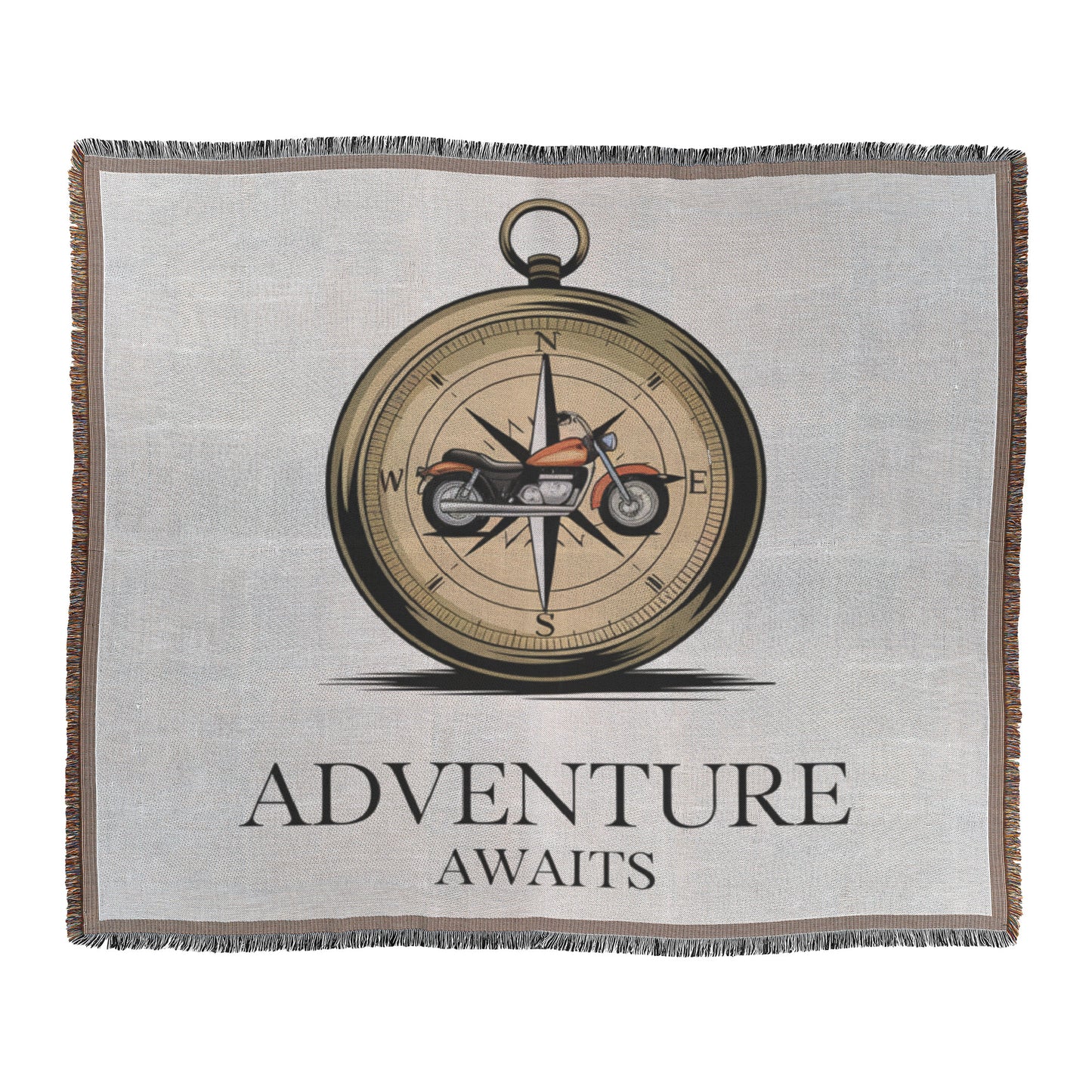 Adventure Awaits Compass and Motorcycle Woven Tapestry Blanket - Perfect for Motorcycle Adventurers and Decor