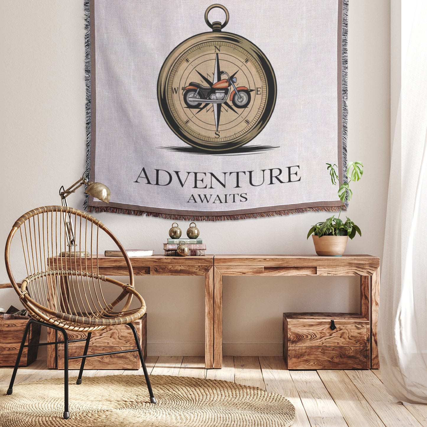 Adventure Awaits Compass and Motorcycle Woven Tapestry Blanket - Perfect for Motorcycle Adventurers and Decor
