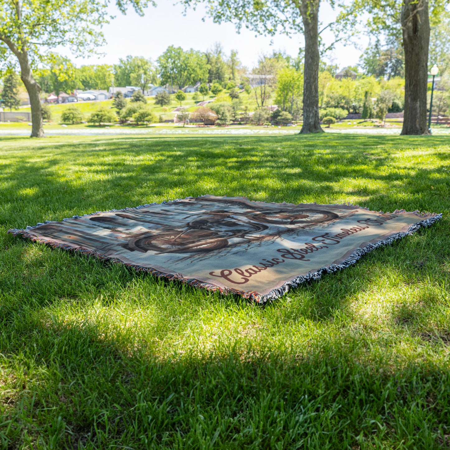 Classic Steel, Timeless Thrill Vintage Motorcycle Woven Blanket - Retro Motorcycle Decor for Biker Fans