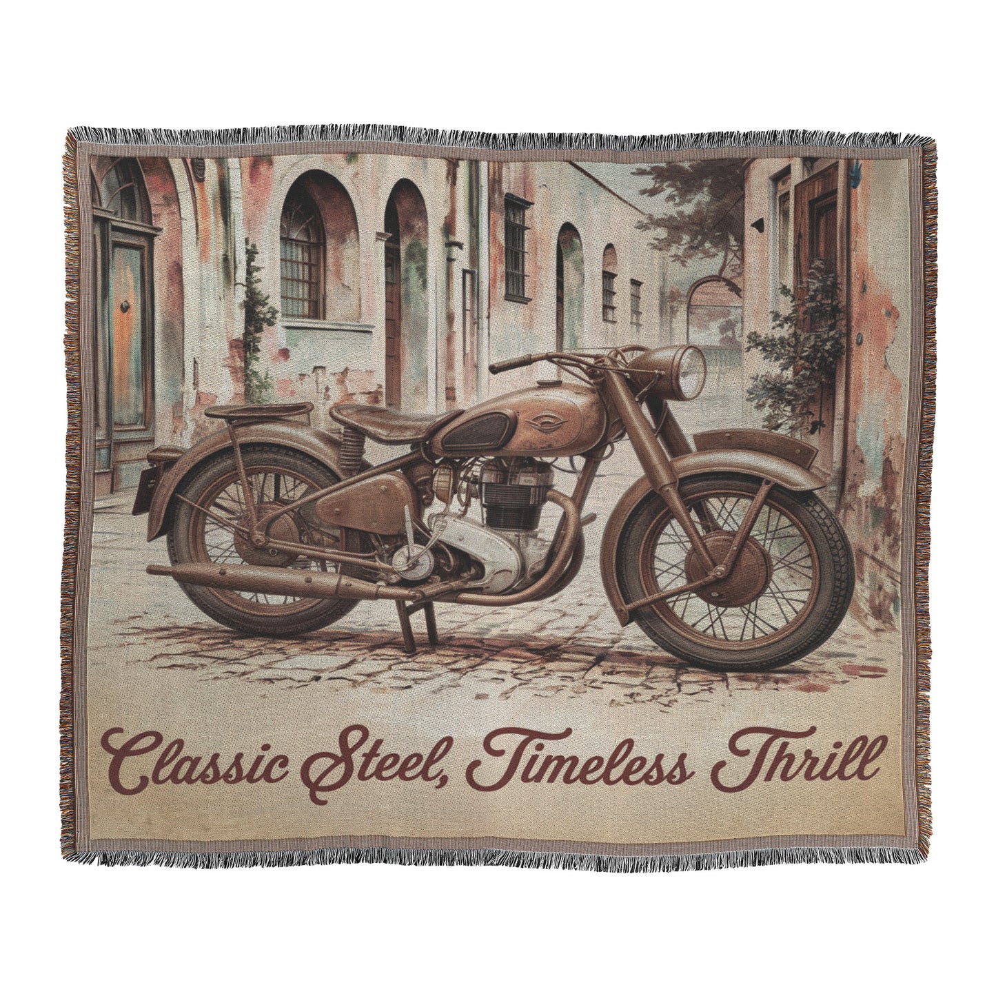Classic Steel, Timeless Thrill Vintage Motorcycle Woven Blanket - Retro Motorcycle Decor for Biker Fans