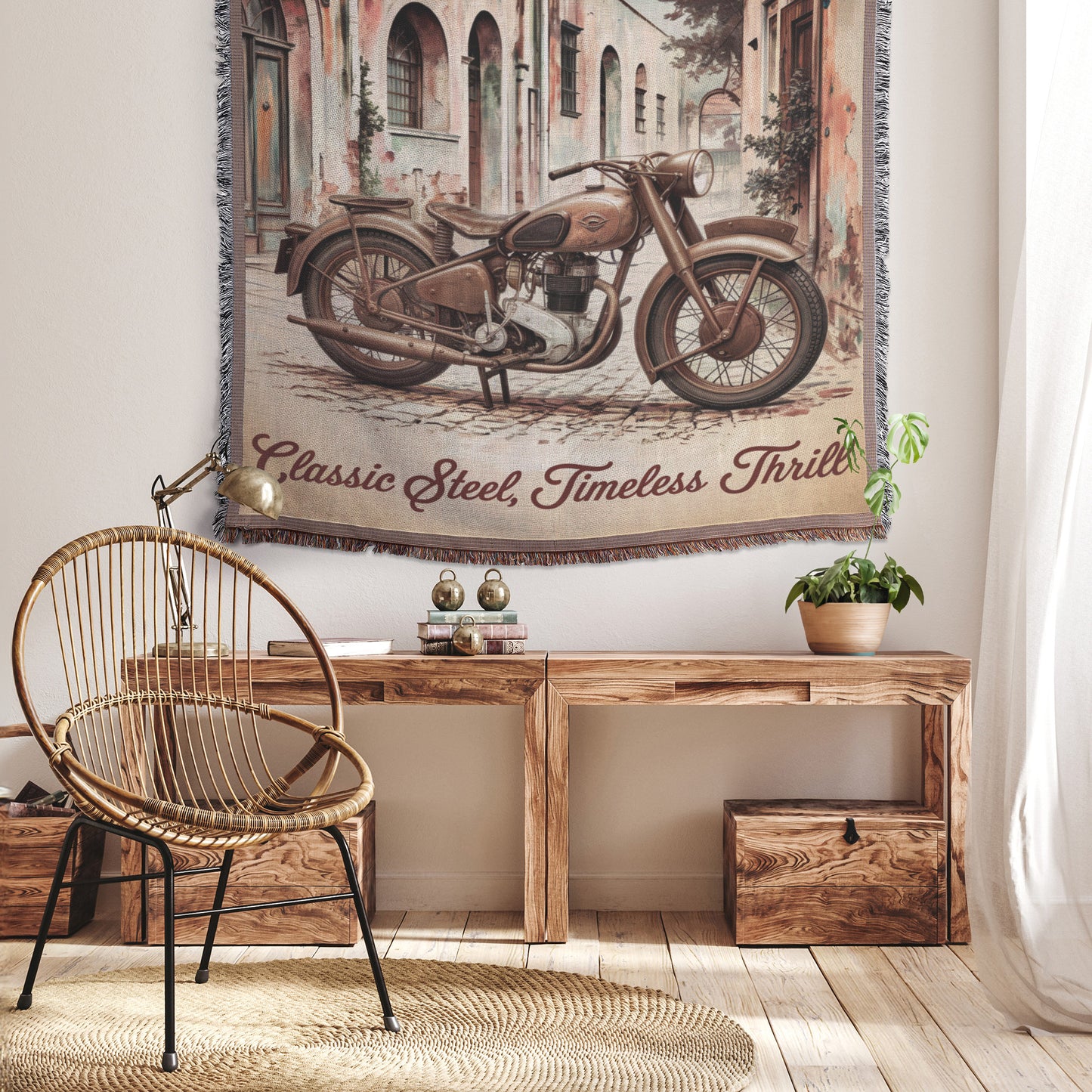 Classic Steel, Timeless Thrill Vintage Motorcycle Woven Blanket - Retro Motorcycle Decor for Biker Fans