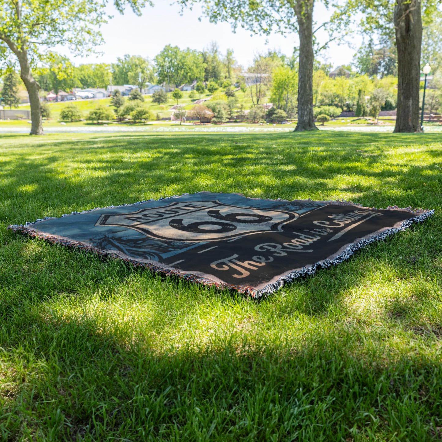 The Road is Calling Vintage Route 66 Woven Blanket - Classic Motorcycle Decor for Bikers and Road Trip Fans