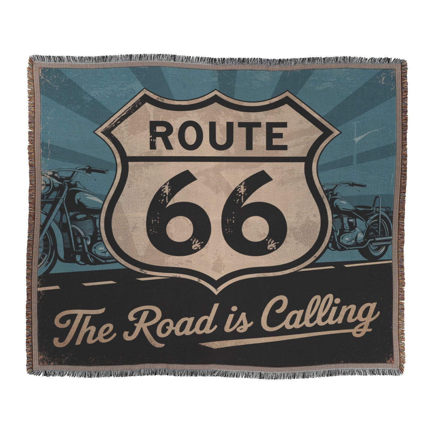 The Road is Calling Vintage Route 66 Woven Blanket - Classic Motorcycle Decor for Bikers and Road Trip Fans