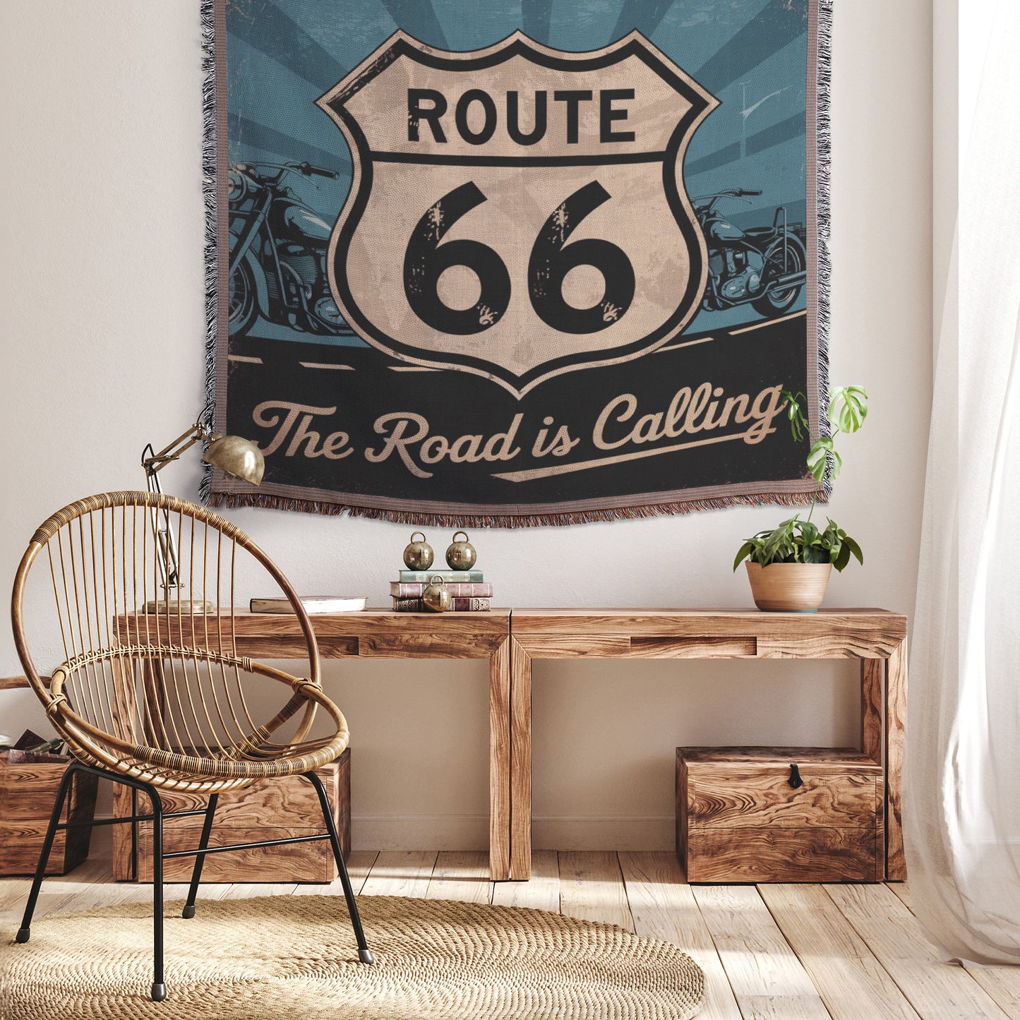 The Road is Calling Vintage Route 66 Woven Blanket - Classic Motorcycle Decor for Bikers and Road Trip Fans