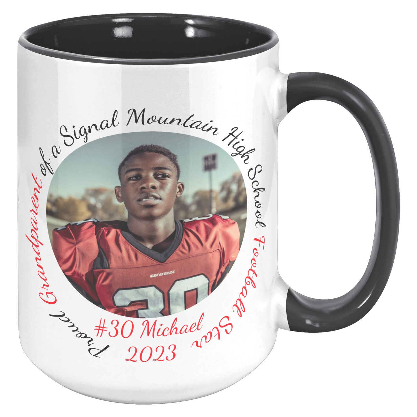 Personalized HIGH SCHOOL Sports 15 Oz Coffee Mug - Personalized with School, Name and Number, Sport, Relationship, Year, and Picture