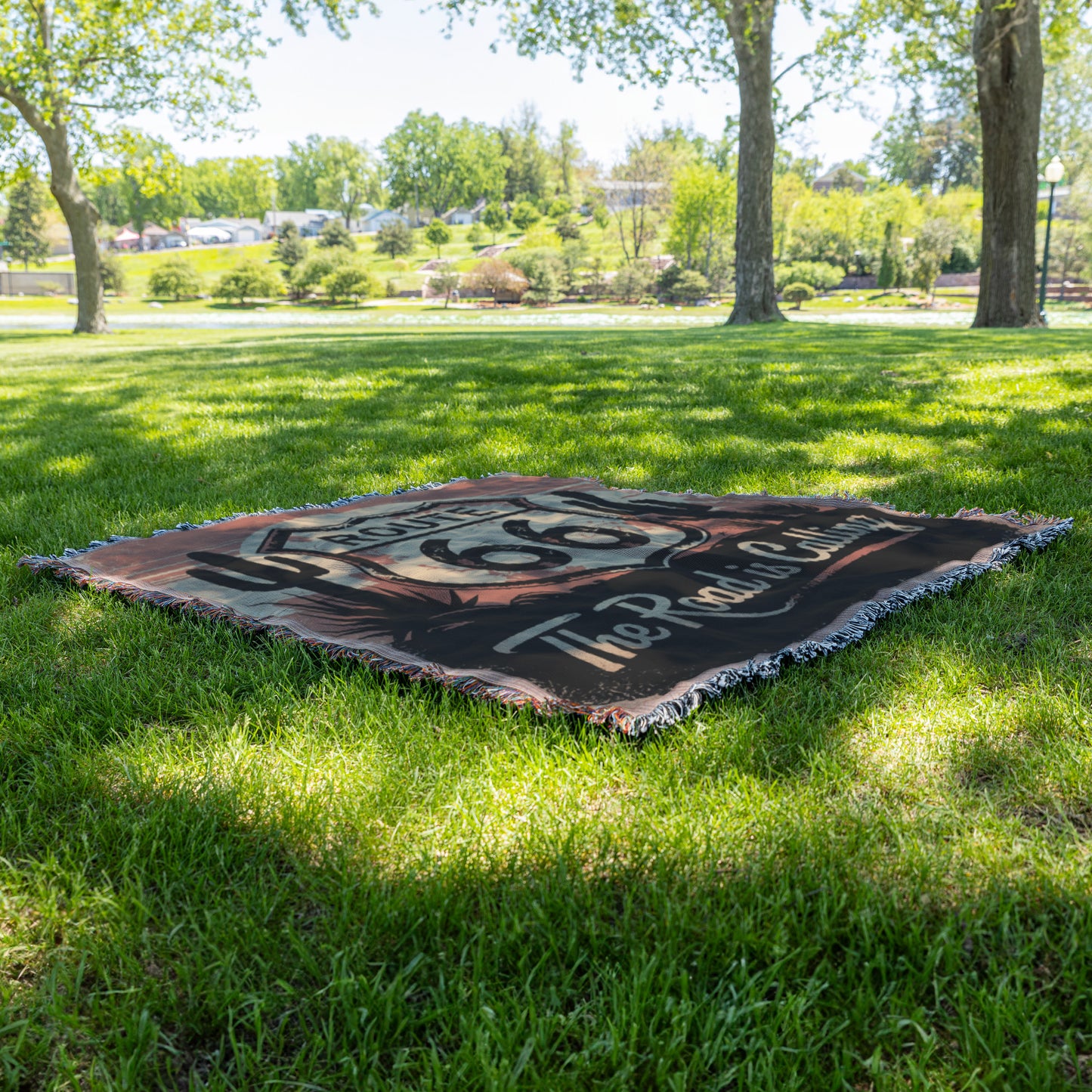 The Road is Calling Vintage Route 66 Woven Blanket - Classic Decor for Road Trip Fans