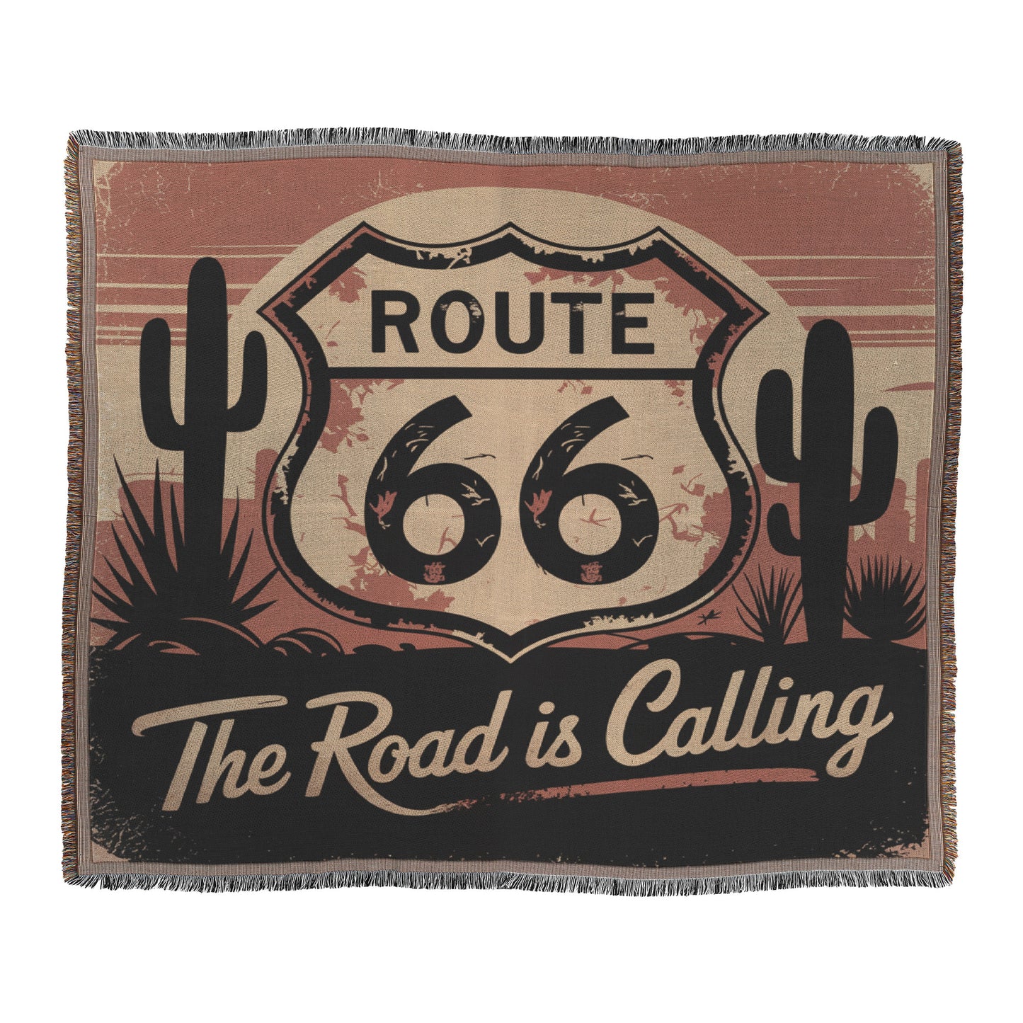 The Road is Calling Vintage Route 66 Woven Blanket - Classic Decor for Road Trip Fans