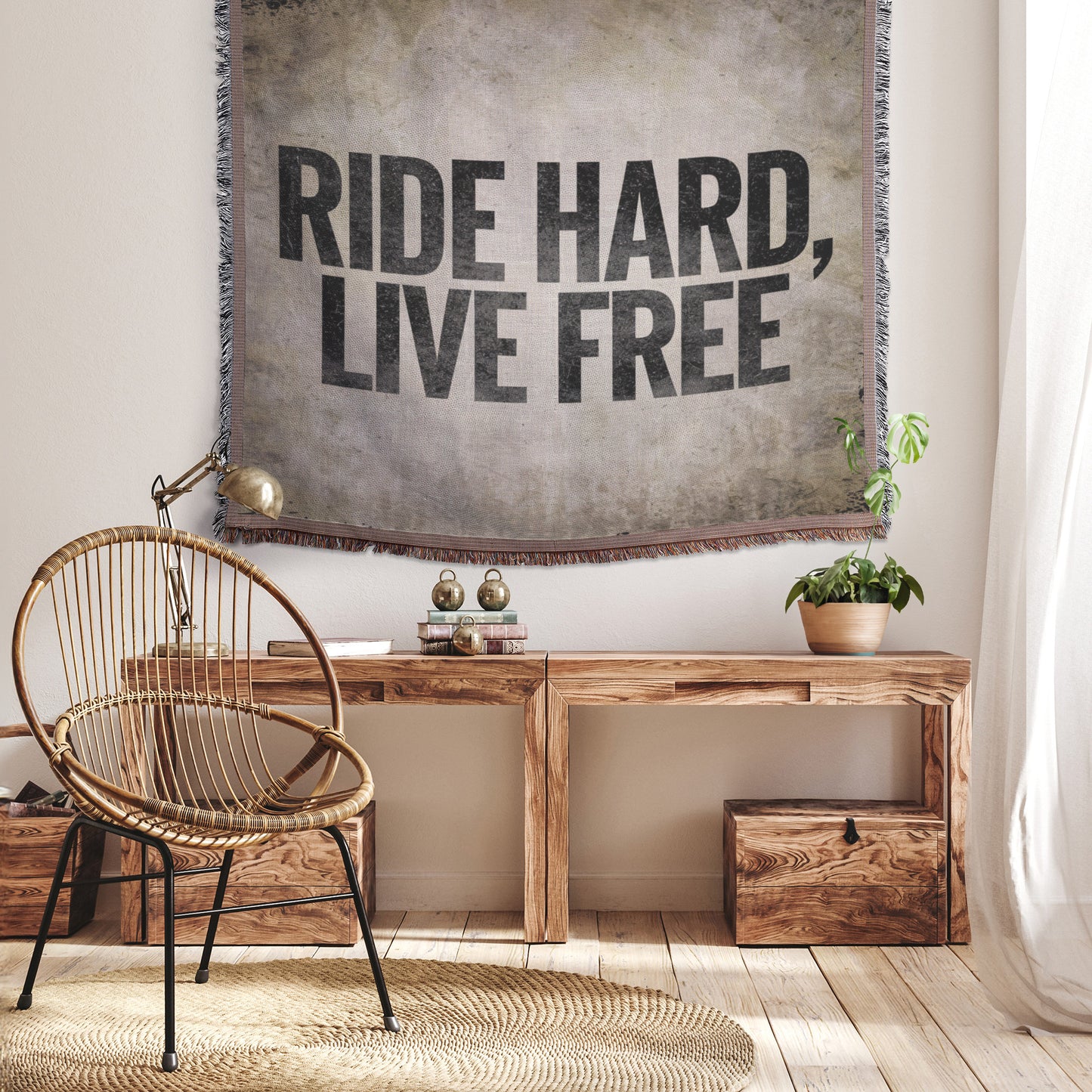 Ride Hard, Live Free Biker Motto Woven Tapestry Blanket - Perfect for Motorcycle Lovers and Biker Decor