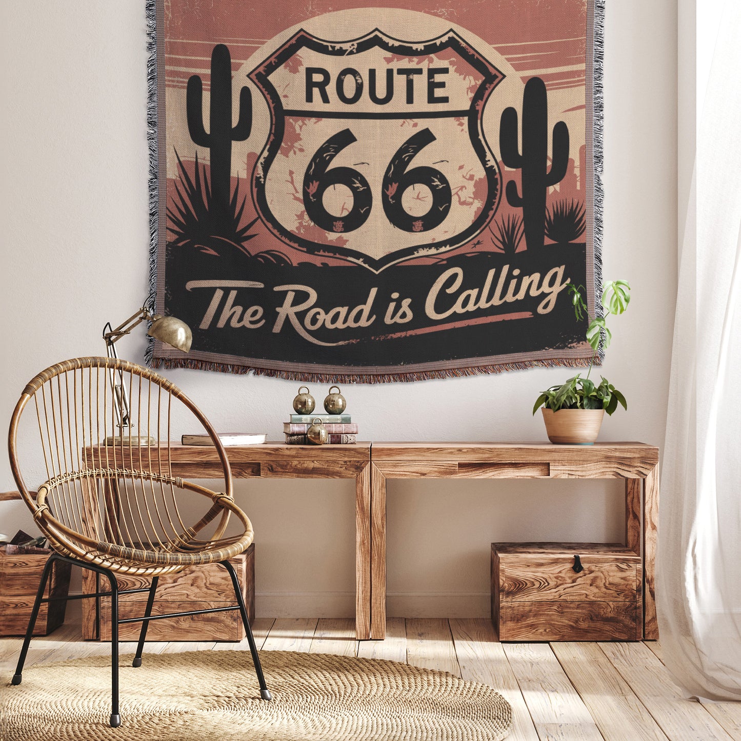 The Road is Calling Vintage Route 66 Woven Blanket - Classic Decor for Road Trip Fans