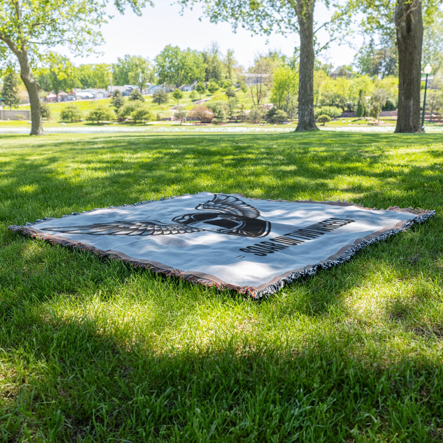 Soar on Two Wheels Winged Helmet Woven Tapestry Blanket - Ideal for Biker Enthusiasts and Motorcycle Decor