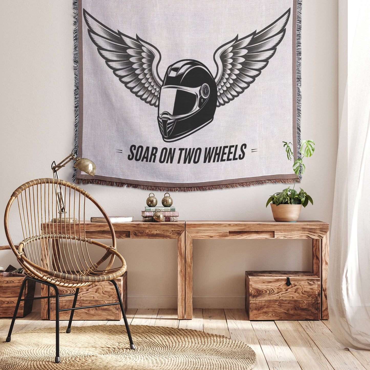 Soar on Two Wheels Winged Helmet Woven Tapestry Blanket - Ideal for Biker Enthusiasts and Motorcycle Decor