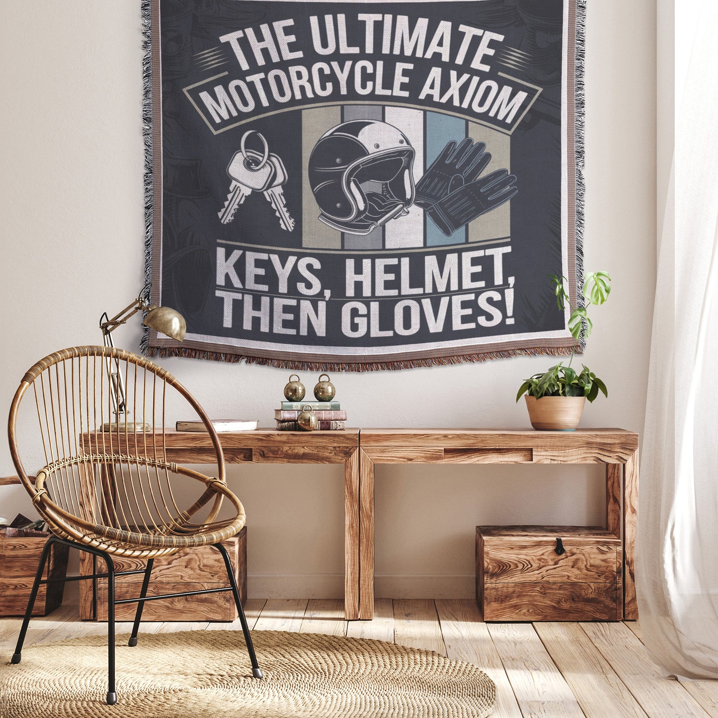 The Ultimate Motorcycle Axiom Woven Blanket - Keys, Helmet, Then Gloves - Whimsical Biker Camping Blanket