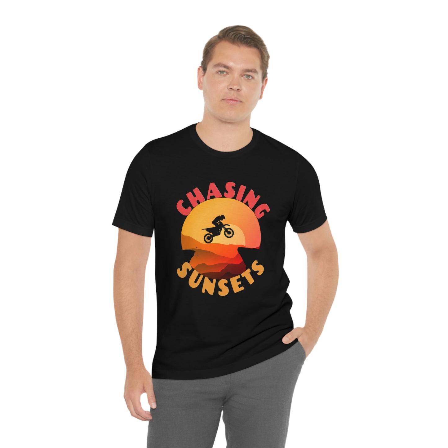 Riding Motorcycle Short Sleeve T-Shirt - CHASING SUNSETS - Forever Chasing Sunsets Shirt - Chasing Sunset Shirt, Rider Shirt, Biker Gift, Motorcycle Shirts
