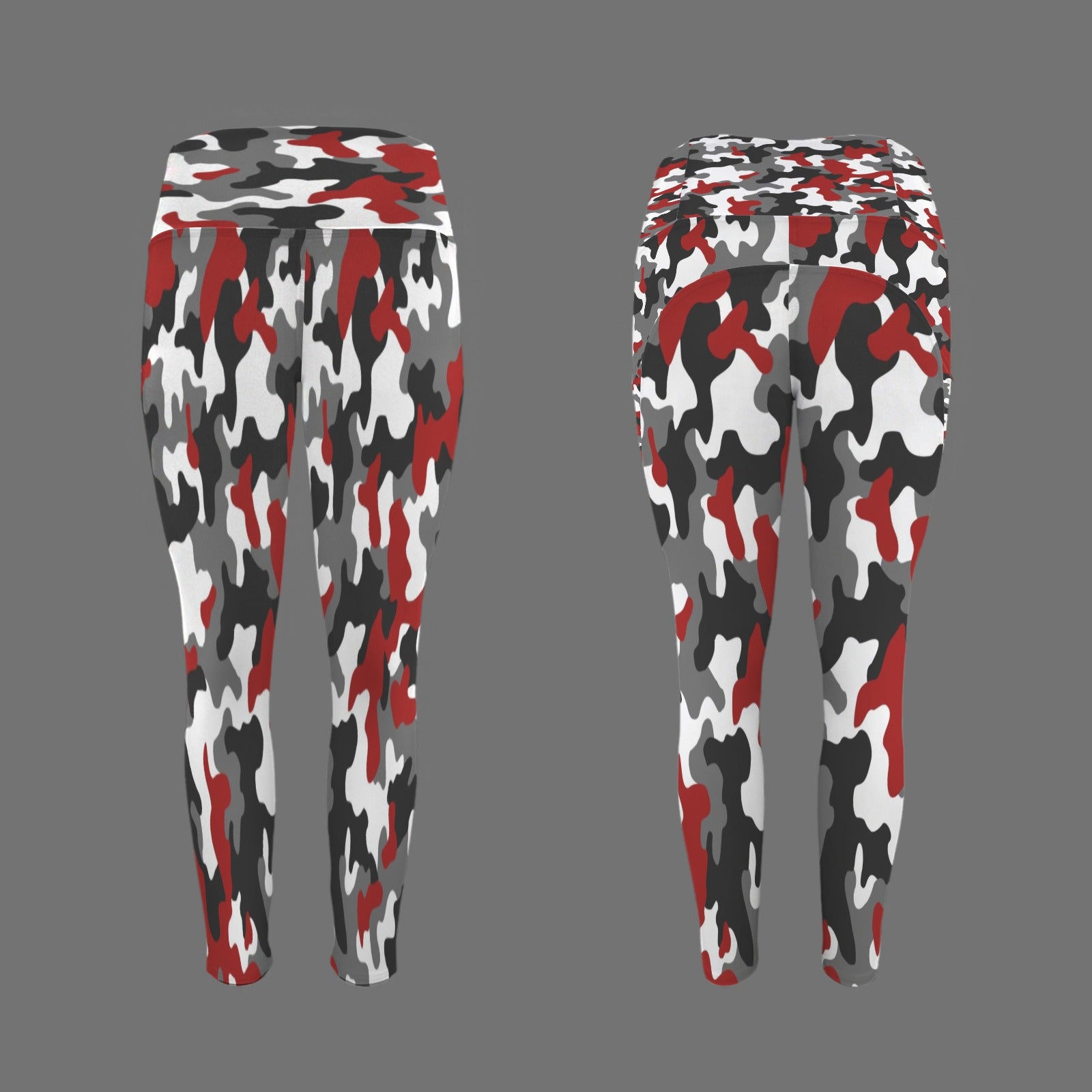 Red and Black Pattern Cammo Leggings With Pocket