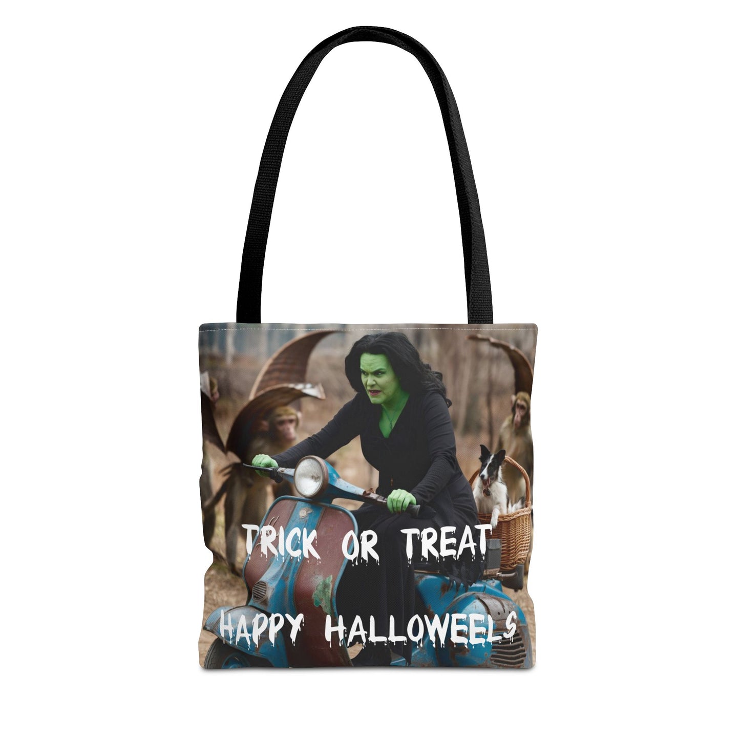 Spooky Halloween Tote Bag - Wicked Witch on Broken Scooter with Toto & Flying Monkeys | Perfect for Trick-or-Treating or Reusable Shopping!