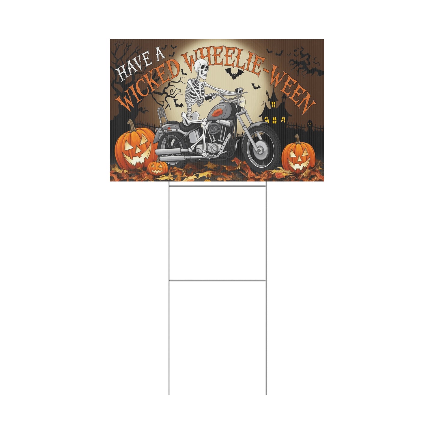 Wicked Wheelie-Ween Skeleton Biker Yard Sign - Spooky Halloween Decoration