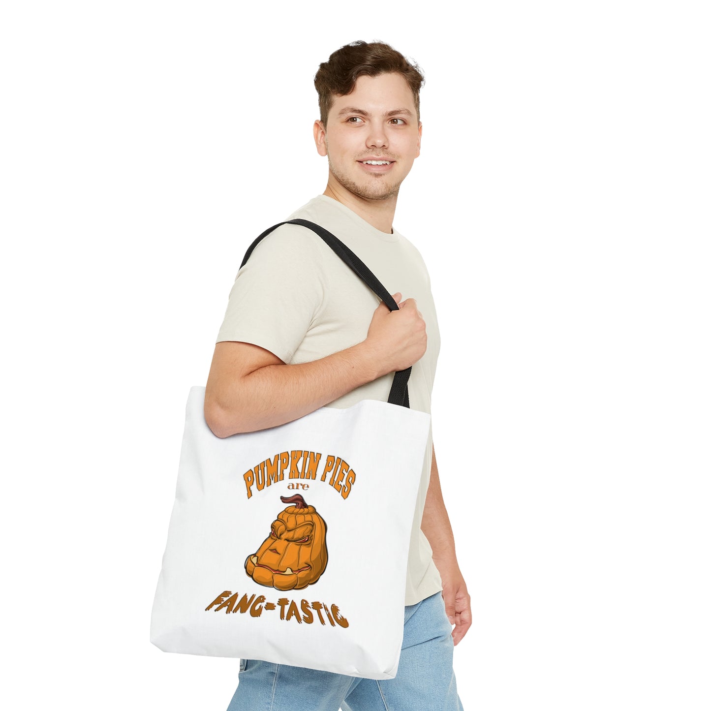 Halloween Large AOP Tote Bag - Pumpkin pies are fang-tastic. - Halloween Treat Pumpkin Bag - Pumpkin Tote Bag