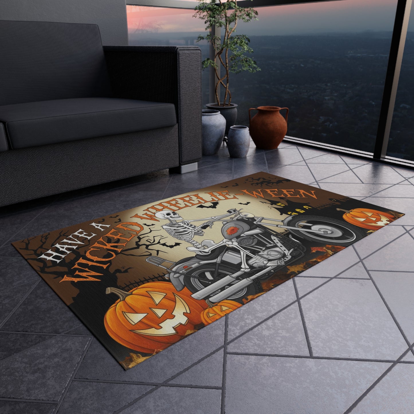 Wicked Wheelie-Ween Skeleton Biker" Outdoor Rug. Door Mat, or Larger Outdoor Venue