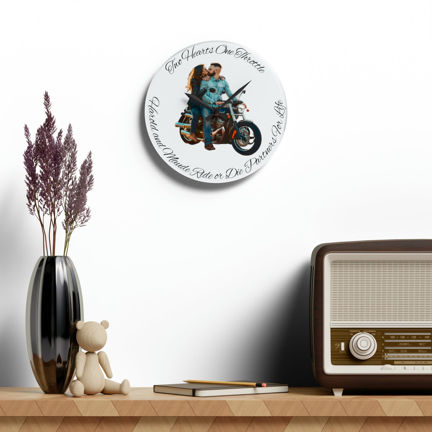 Personalized Acrylic Wall Clock Personalize With Names And Motorcycle Picture Two Hearts One Throttle Motorcycle Passion Biker Gift