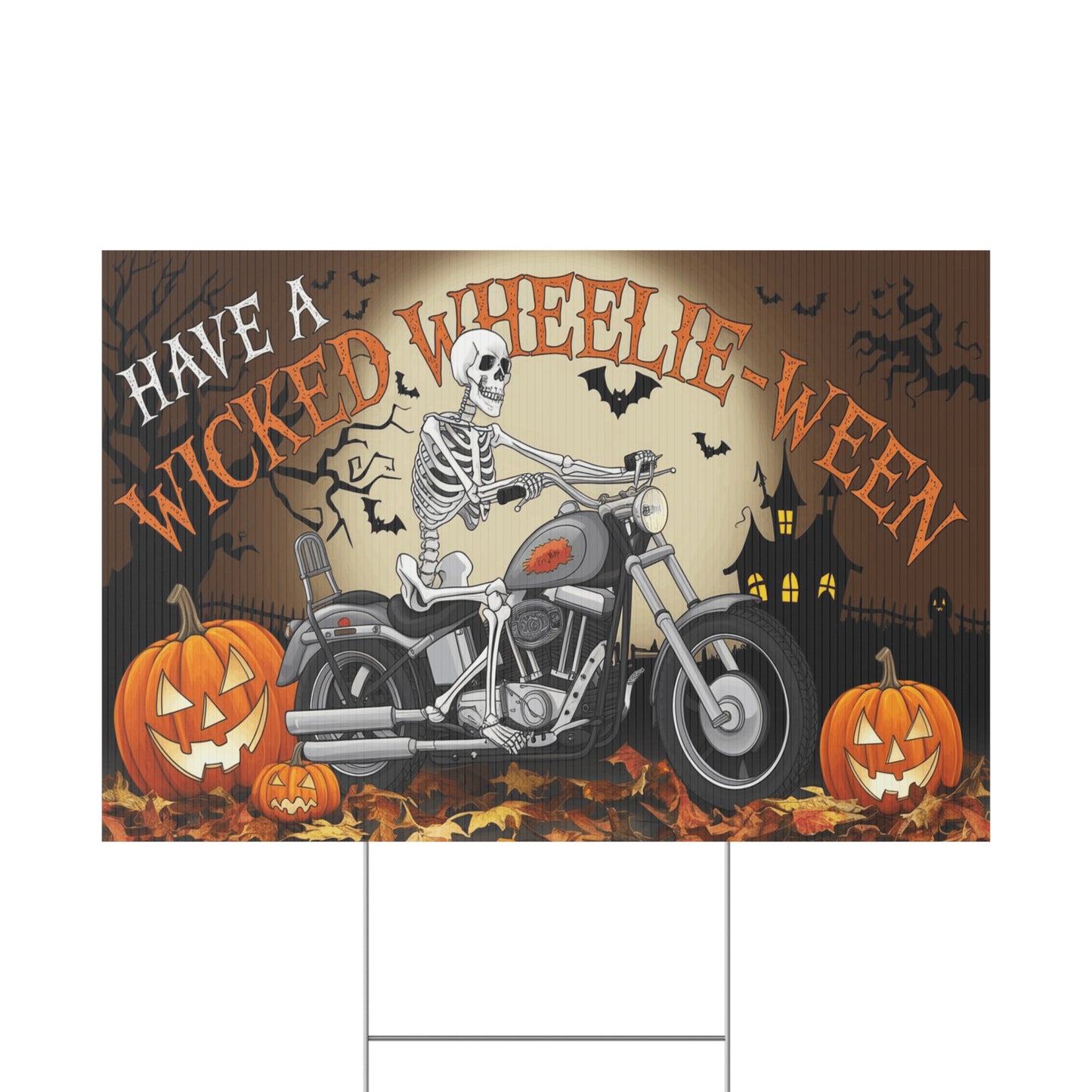 Wicked Wheelie-Ween Skeleton Biker Yard Sign - Spooky Halloween Decoration