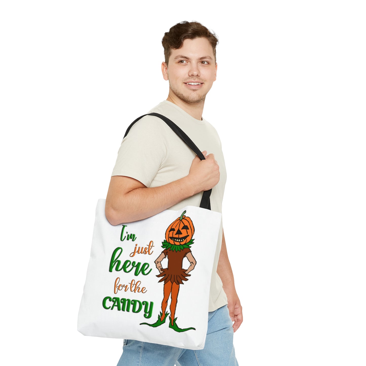 Halloween AOP Tote Bag - Im just here for the candy. Trick-or-treat, Candy Bag, Fall Season, Gift Ideas, Grocery Bag, Pumpkin Bag