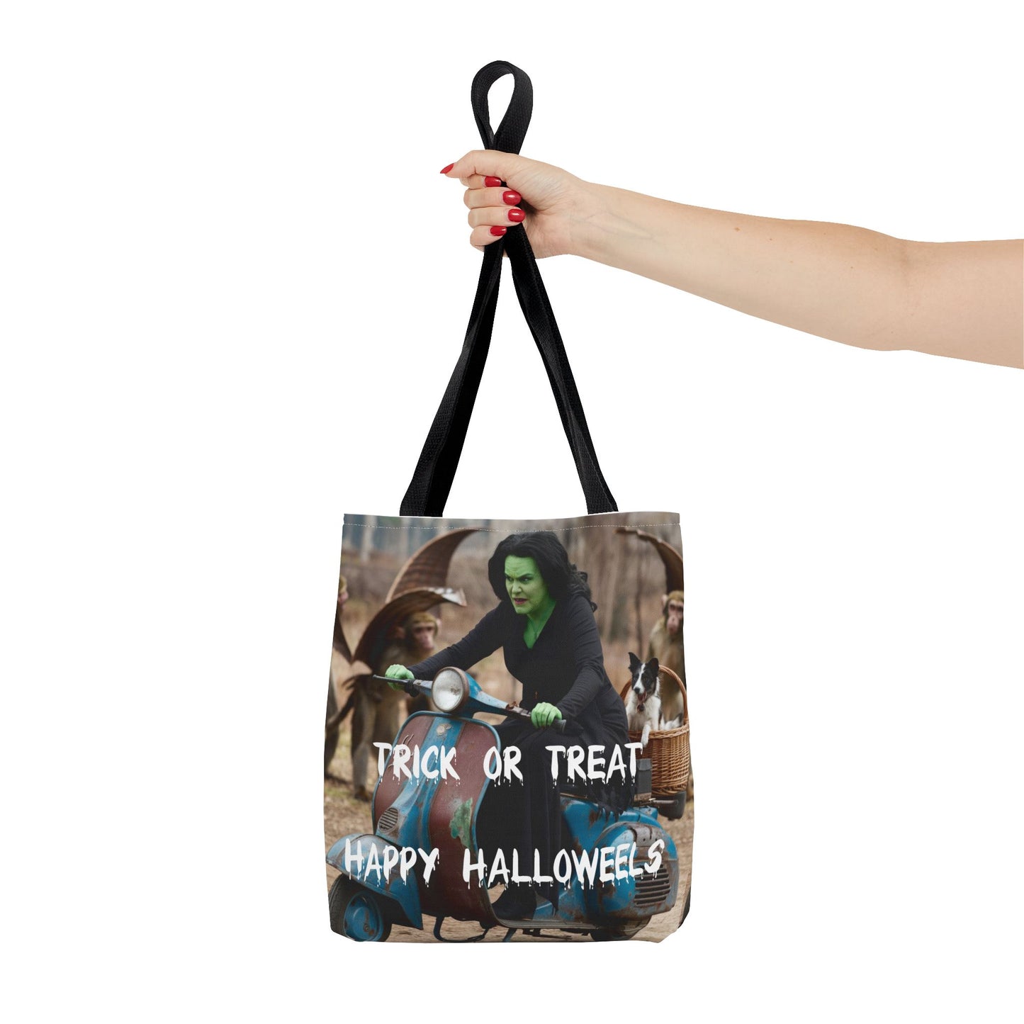 Spooky Halloween Tote Bag - Wicked Witch on Broken Scooter with Toto & Flying Monkeys | Perfect for Trick-or-Treating or Reusable Shopping!