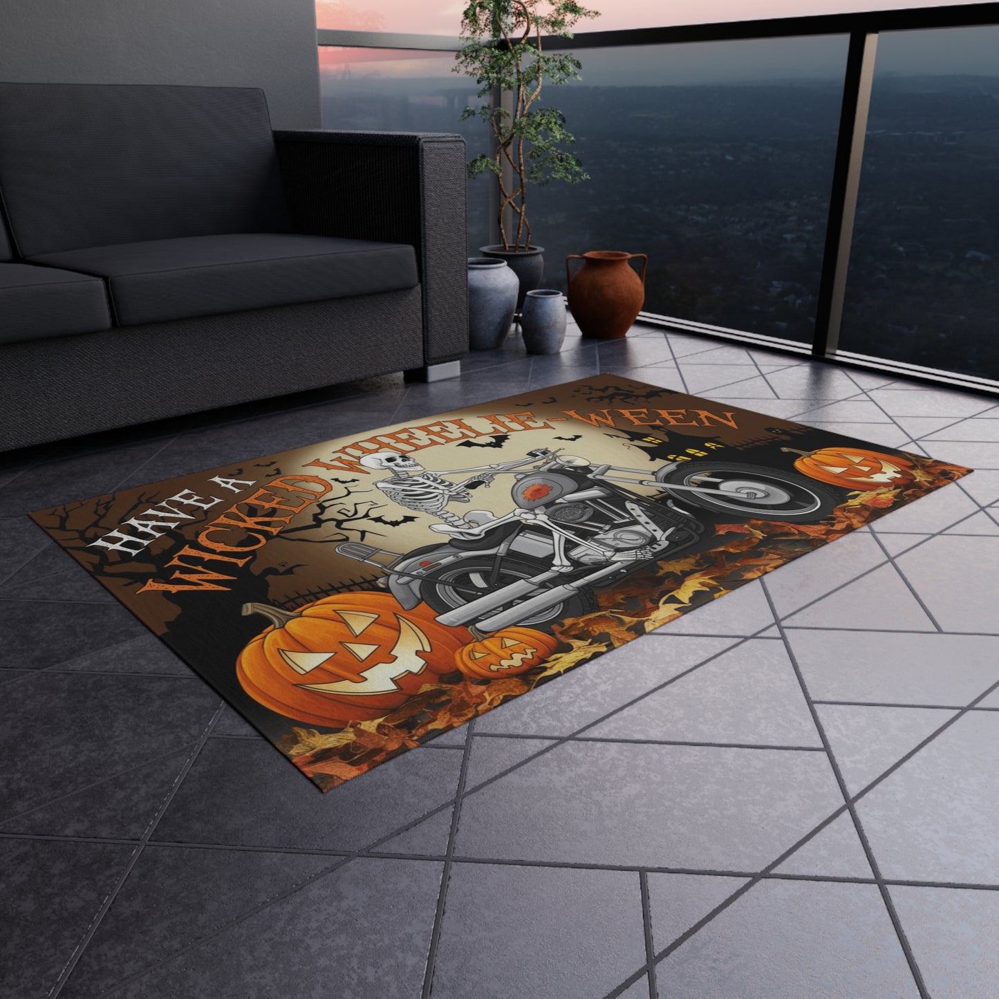 Wicked Wheelie-Ween Skeleton Biker" Outdoor Rug. Door Mat, or Larger Outdoor Venue