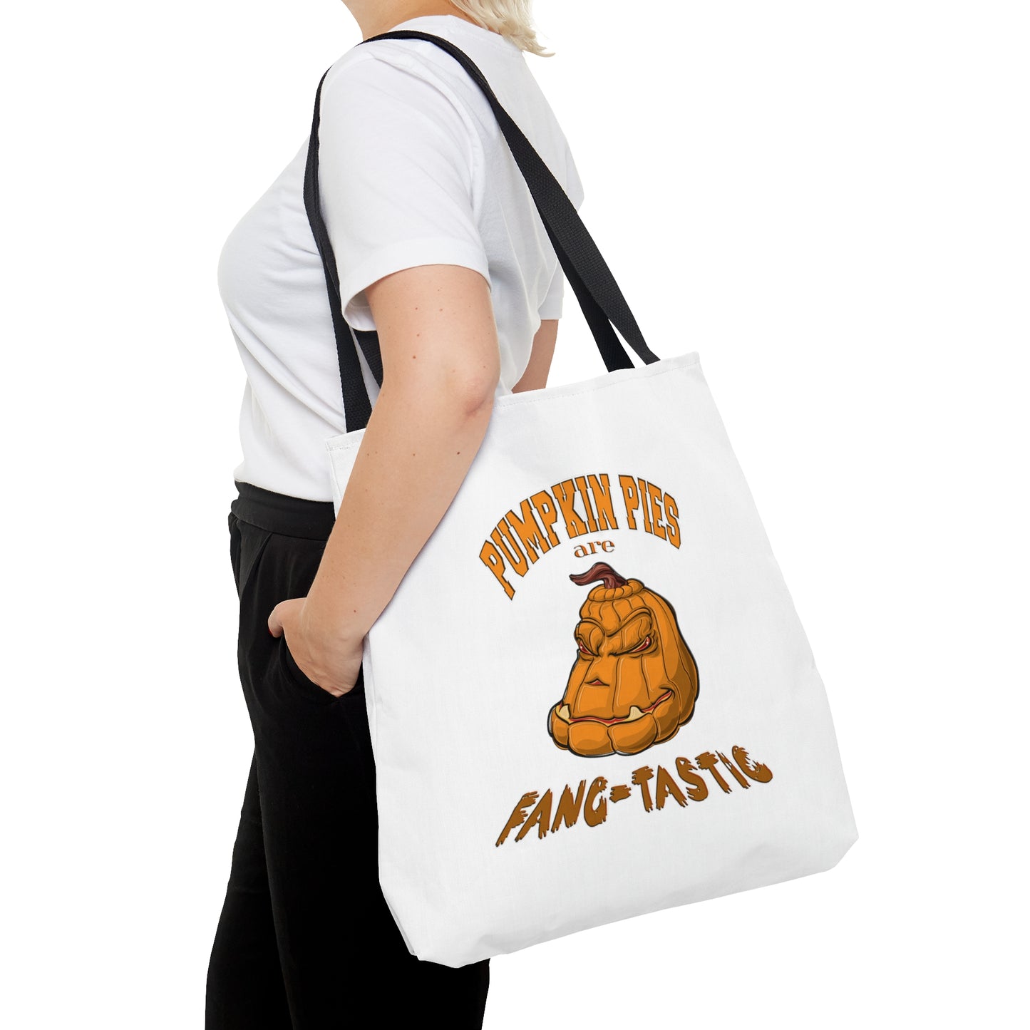 Halloween Large AOP Tote Bag - Pumpkin pies are fang-tastic. - Halloween Treat Pumpkin Bag - Pumpkin Tote Bag