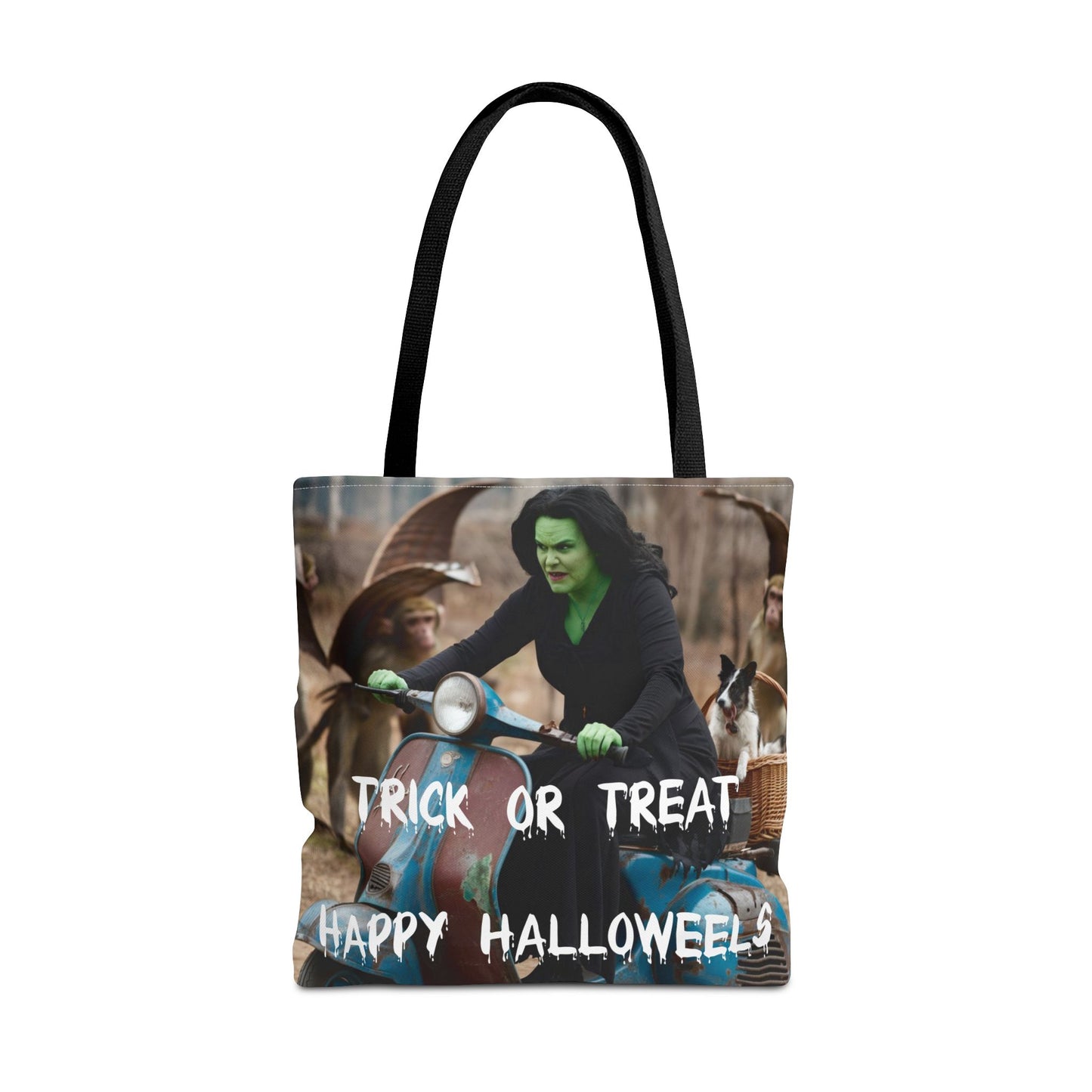 Spooky Halloween Tote Bag - Wicked Witch on Broken Scooter with Toto & Flying Monkeys | Perfect for Trick-or-Treating or Reusable Shopping!