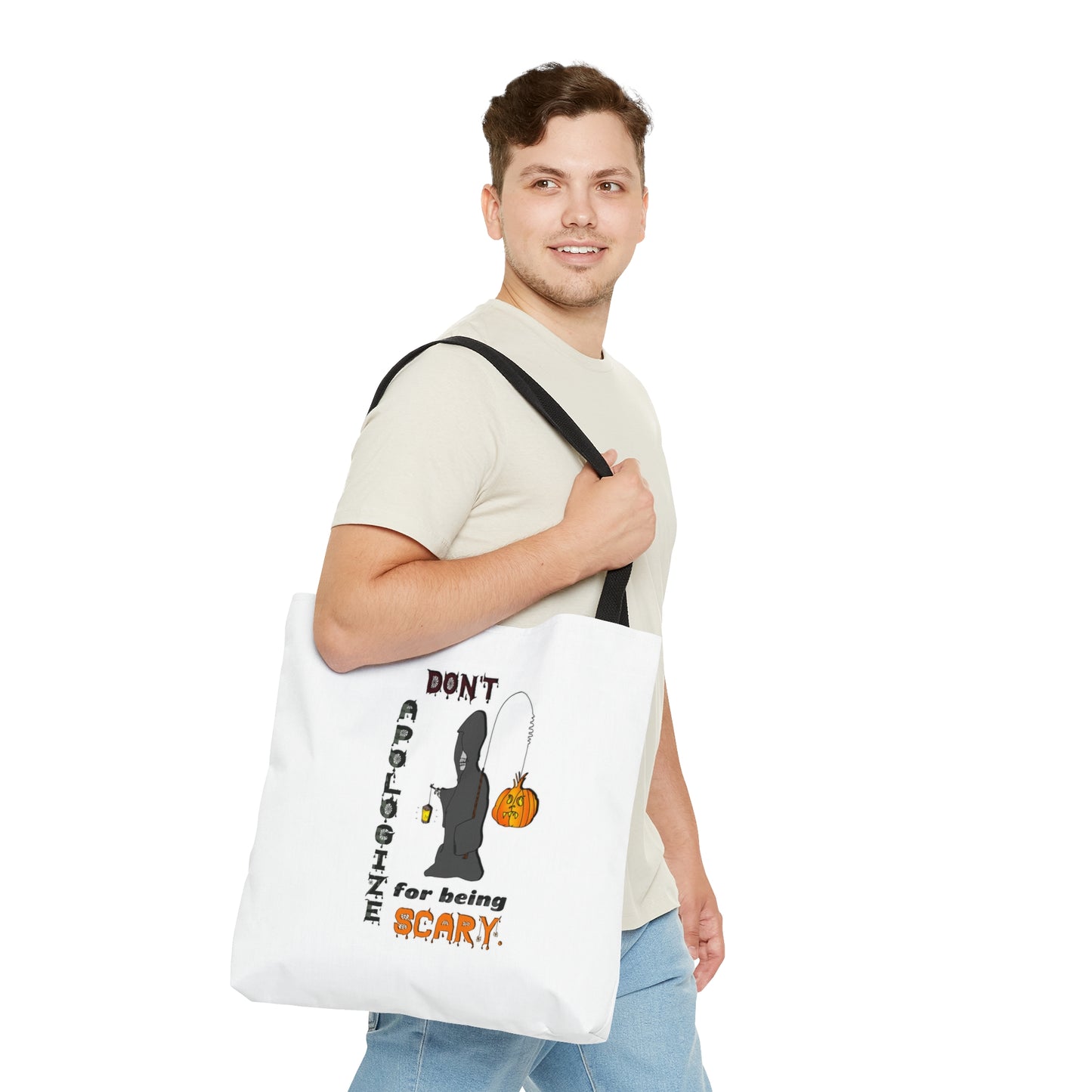 Halloween Large AOP Tote Bag - Don't Apologize For Being Scary. - Gift Bag - Trick or Treat - Candy Bag - Spirit Halloween