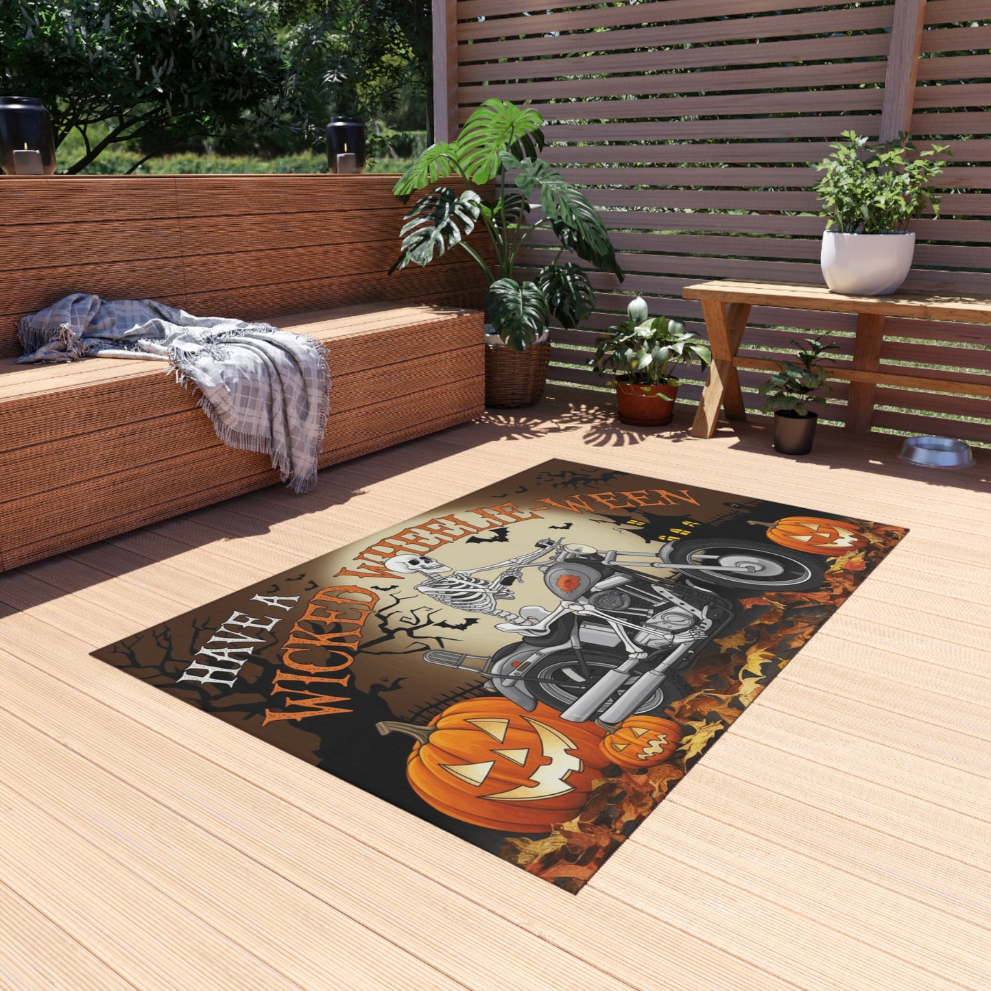 Wicked Wheelie-Ween Skeleton Biker" Outdoor Rug. Door Mat, or Larger Outdoor Venue