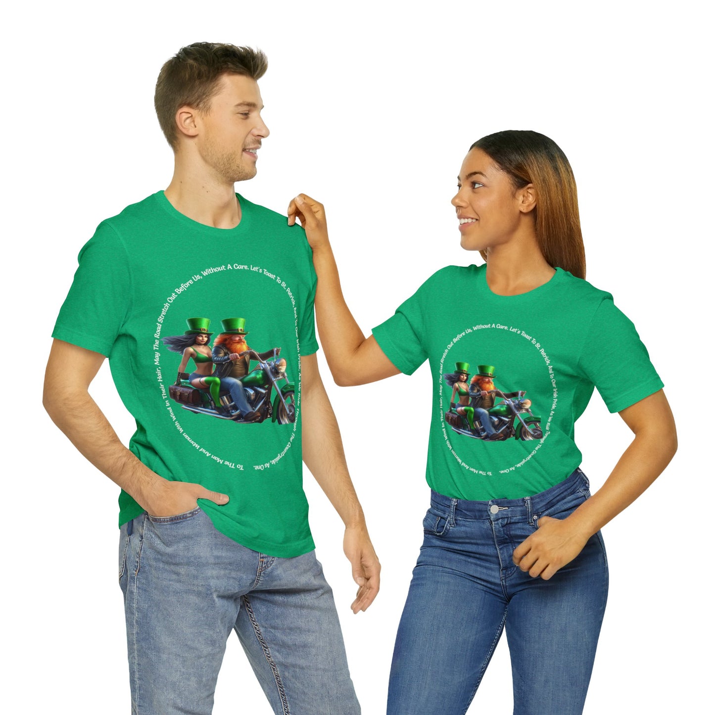 St Patrick's Day 2024 Biker Couple T- Shirt On a Harley With Irish Biker Toast Surrounding Bike Party Shirt Bar Shirt Lucky Shirt Irish Luck