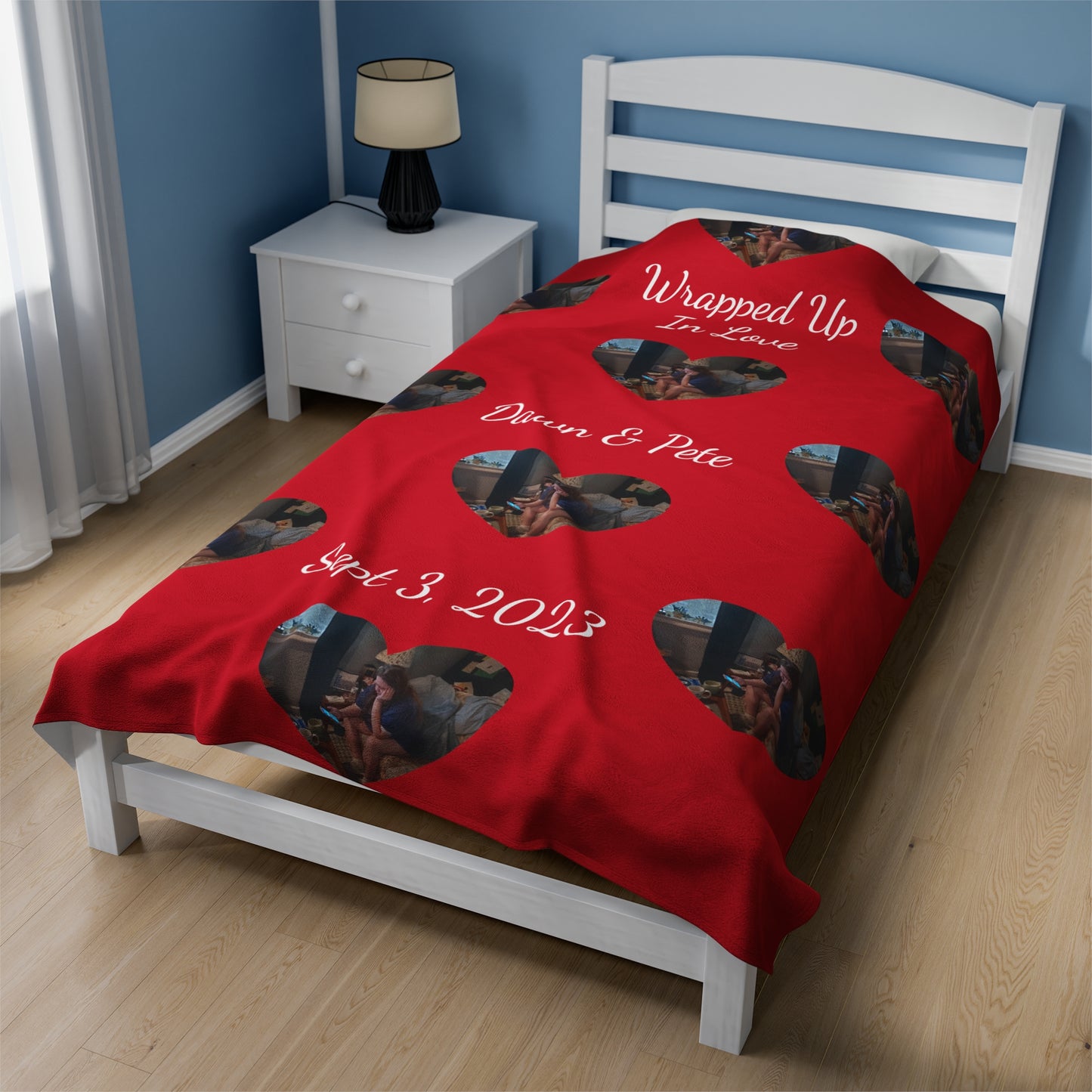 Personalized Fleece Valentines Velveteen Plush Blanket With Wrapped in Love and Heart-Shaped Personalized Picture of Your Choice.