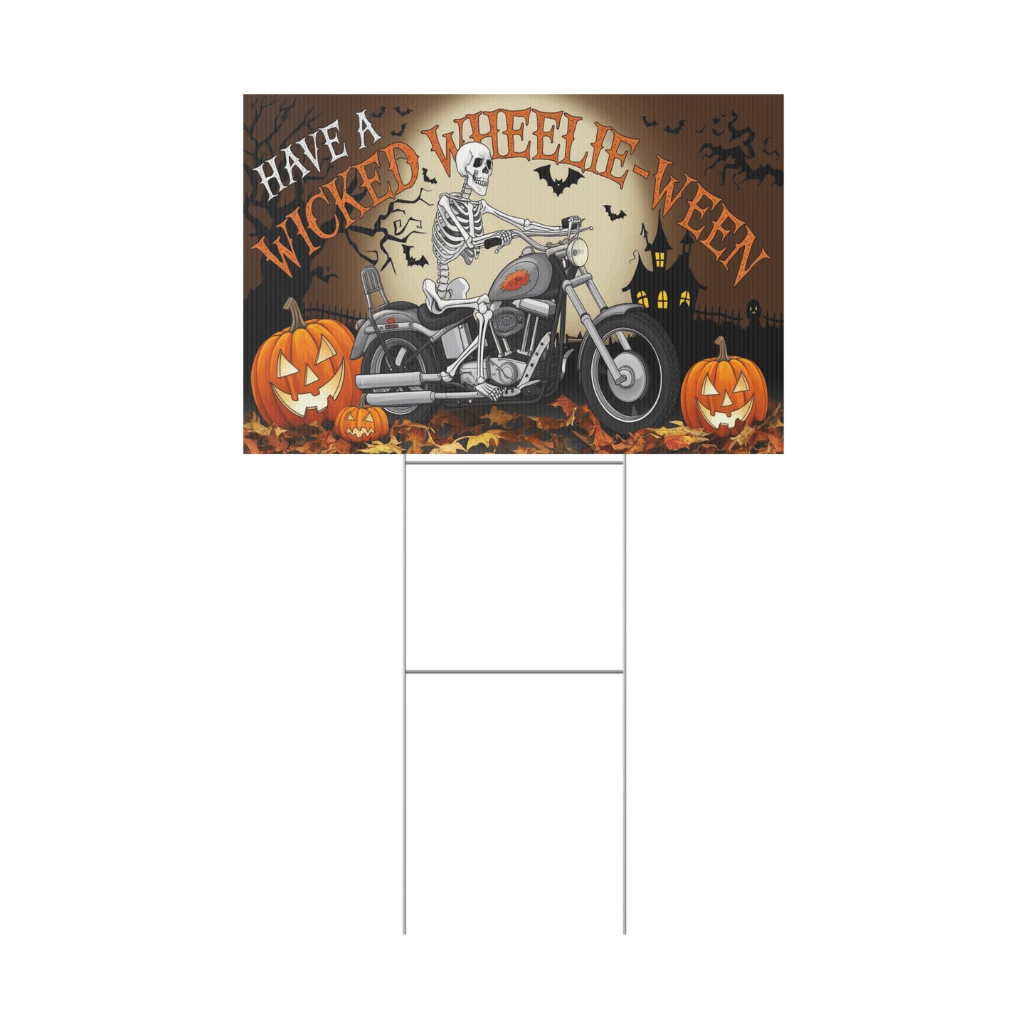 Wicked Wheelie-Ween Skeleton Biker Yard Sign - Spooky Halloween Decoration