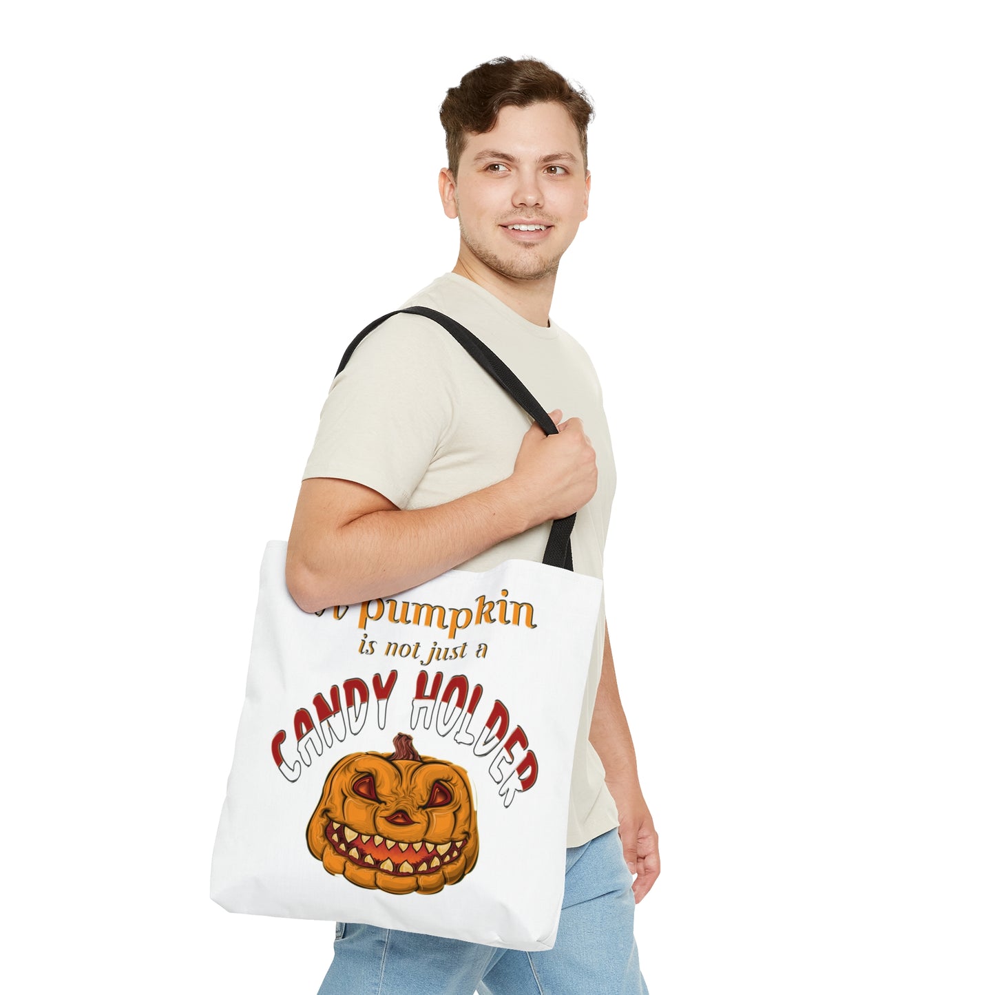 Halloween AOP Tote Bag - A pumpkin is not just a candy holder. Candy Bag for Halloween, Fall Season, Reusable Bag, Grocery Bag