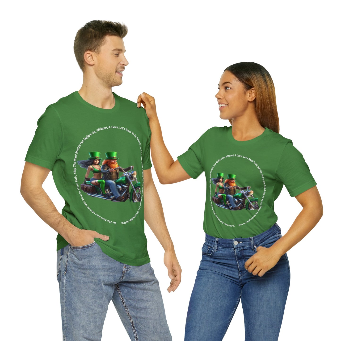 St Patrick's Day 2024 Biker Couple T- Shirt On a Harley With Irish Biker Toast Surrounding Bike Party Shirt Bar Shirt Lucky Shirt Irish Luck