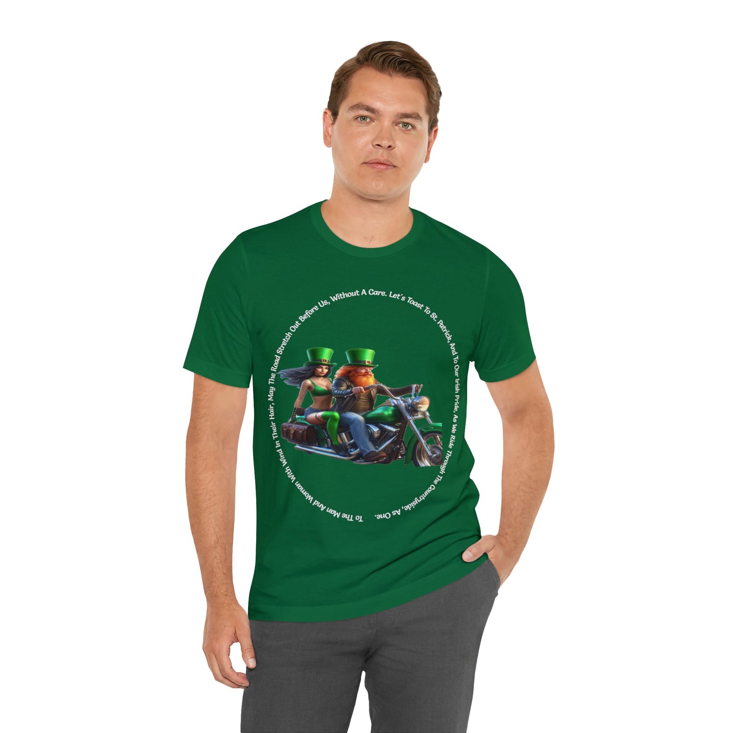 St Patrick's Day 2024 Biker Couple T- Shirt On a Harley With Irish Biker Toast Surrounding Bike Party Shirt Bar Shirt Lucky Shirt Irish Luck