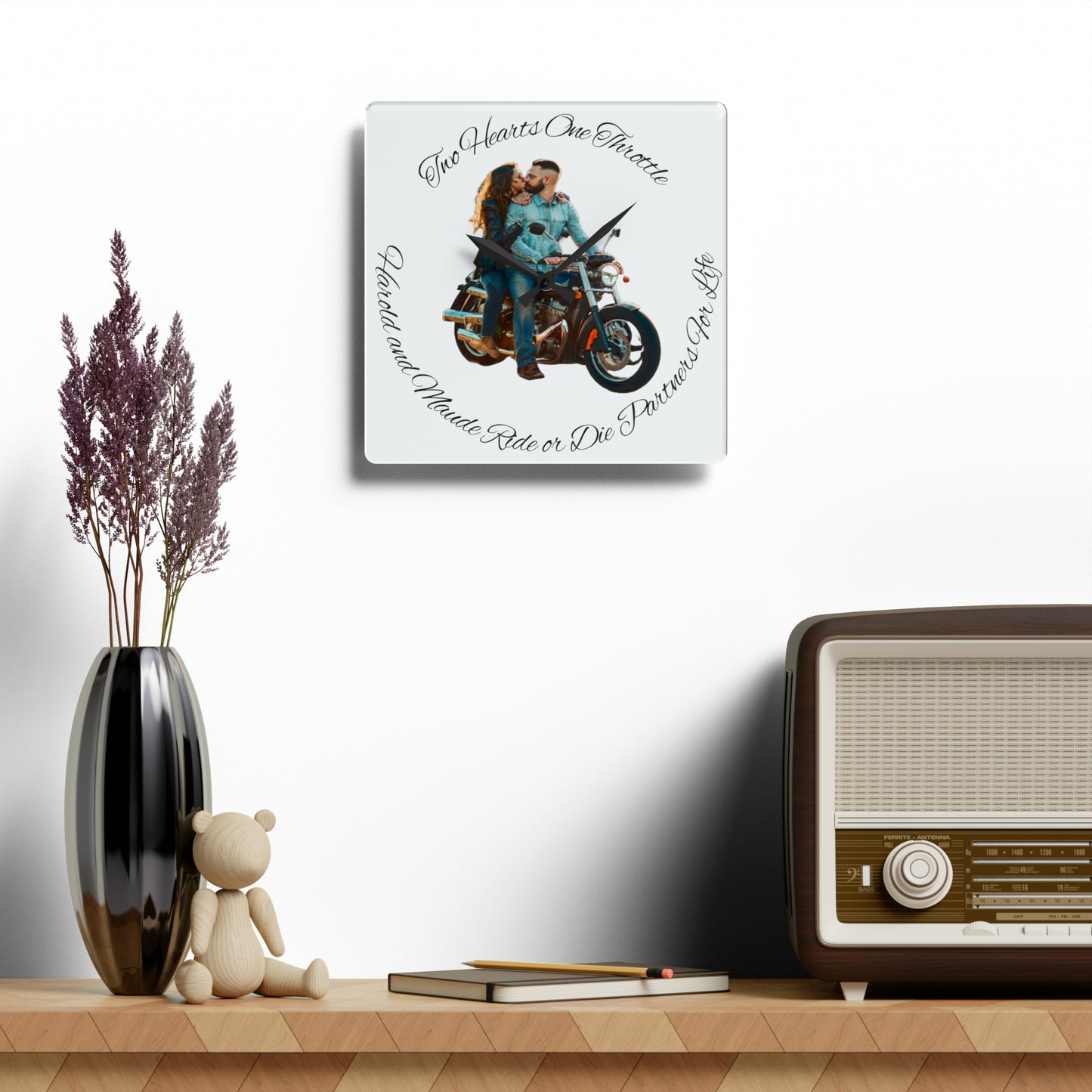 Personalized Acrylic Wall Clock Personalize With Names And Motorcycle Picture Two Hearts One Throttle Motorcycle Passion Biker Gift