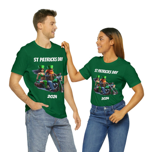 St Patrick's Day 2024 Biker Couple T- Shirt On a Harley With Irish Biker Toast On Back Party Shirt Bar Shirt Lucky Shirt Irish Luck Shirt