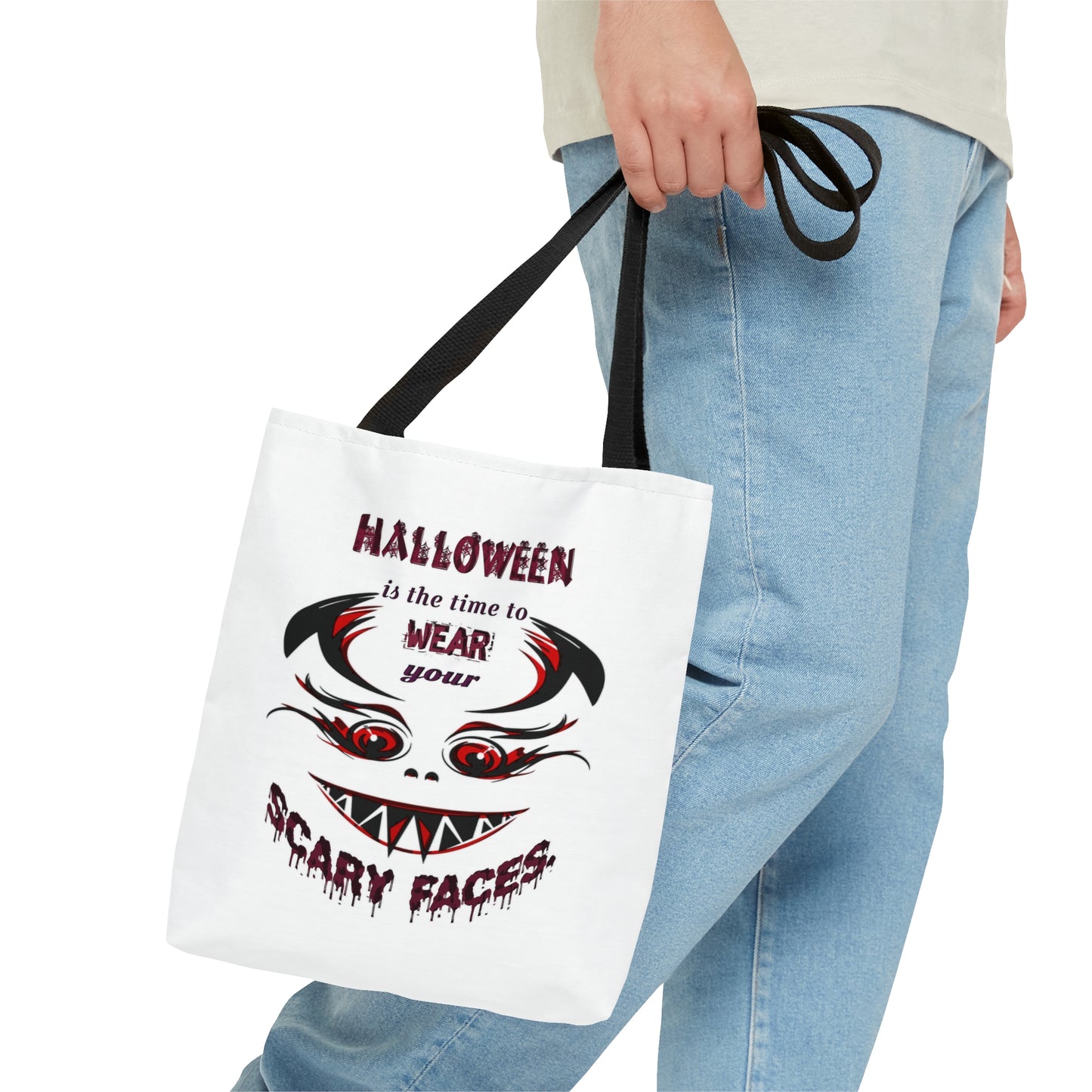 Halloween Large AOP Tote Bag - Halloween is the time to wear your scary faces. - Funny Trick or Treat Bag - Halloween Candy Bag