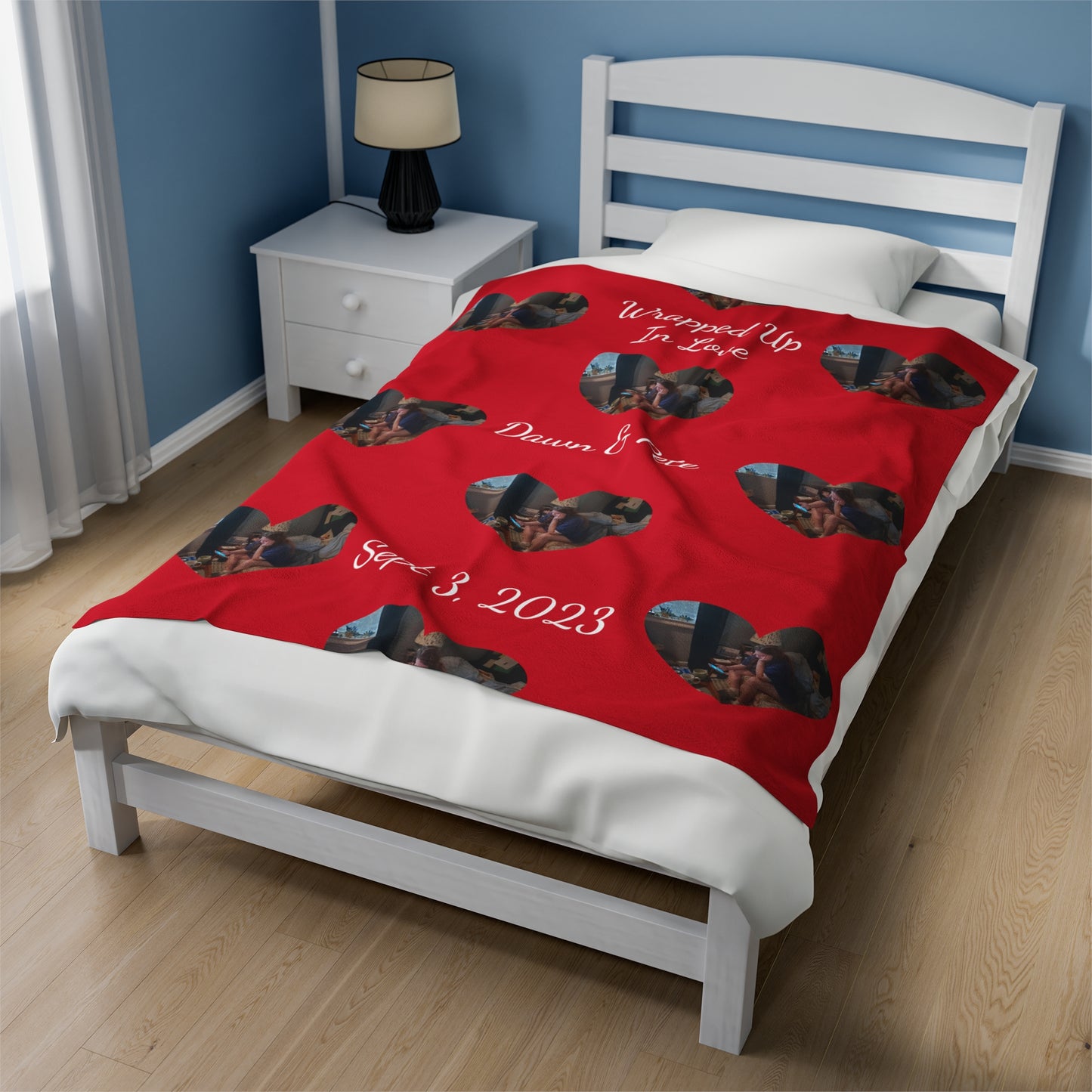 Personalized Fleece Valentines Velveteen Plush Blanket With Wrapped in Love and Heart-Shaped Personalized Picture of Your Choice.