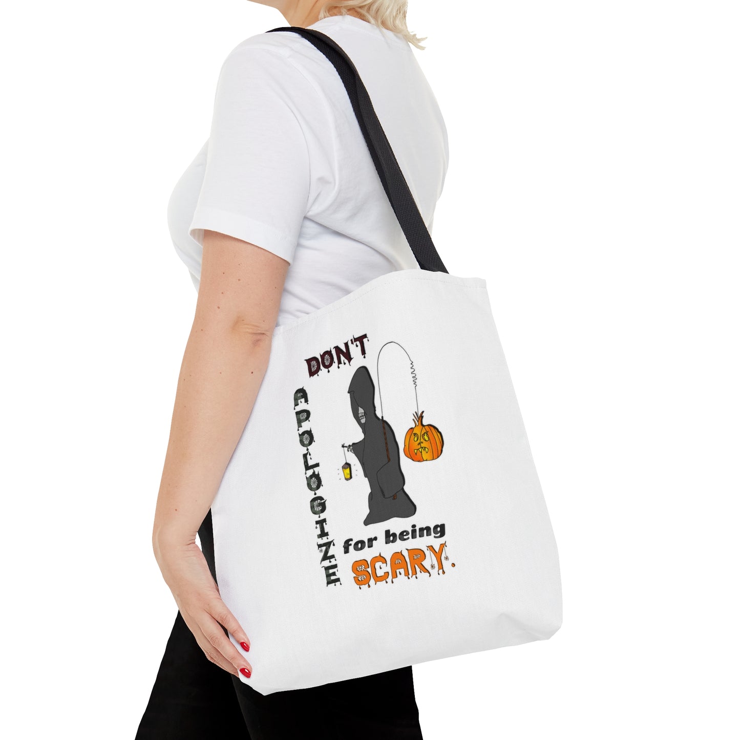 Halloween Large AOP Tote Bag - Don't Apologize For Being Scary. - Gift Bag - Trick or Treat - Candy Bag - Spirit Halloween