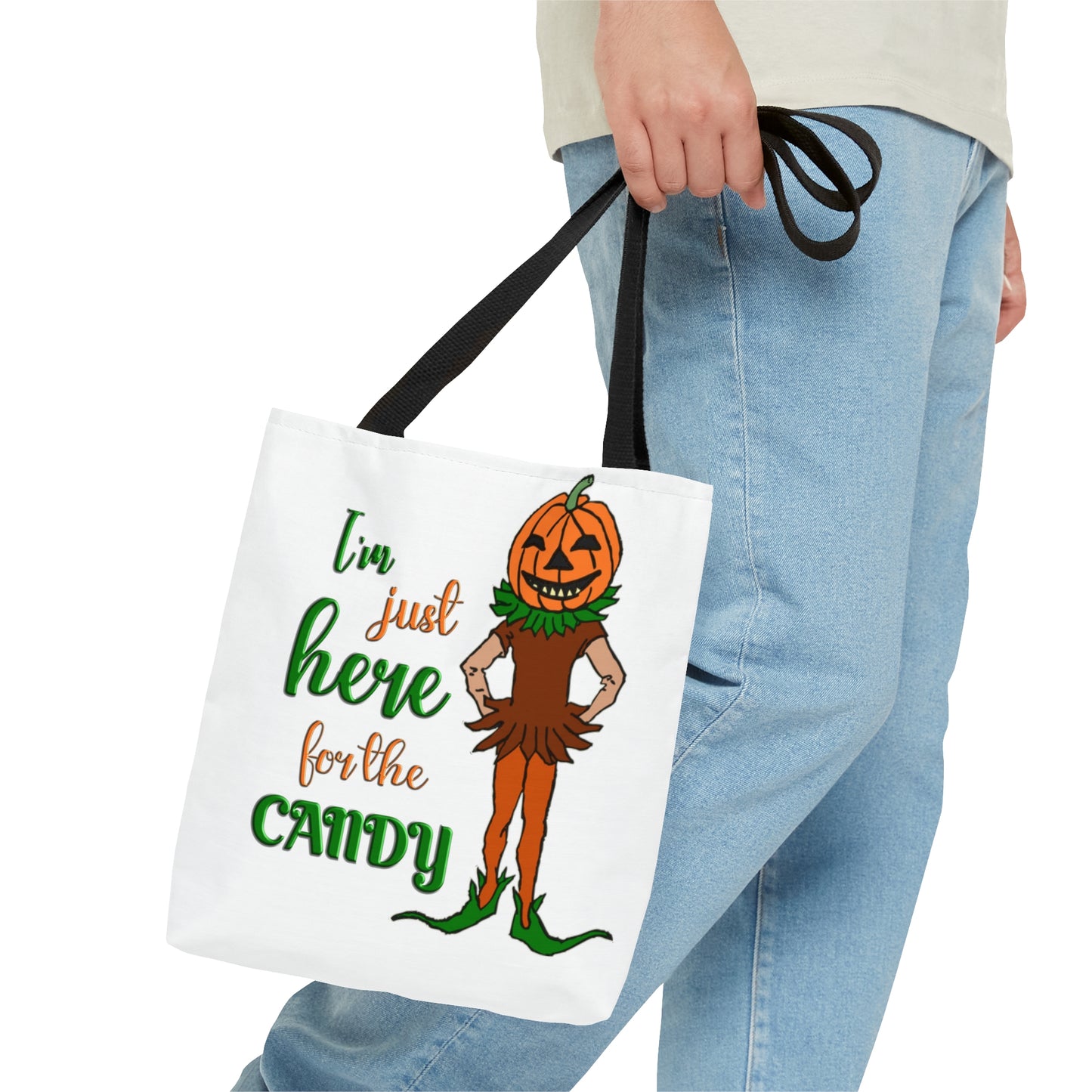 Halloween AOP Tote Bag - Im just here for the candy. Trick-or-treat, Candy Bag, Fall Season, Gift Ideas, Grocery Bag, Pumpkin Bag