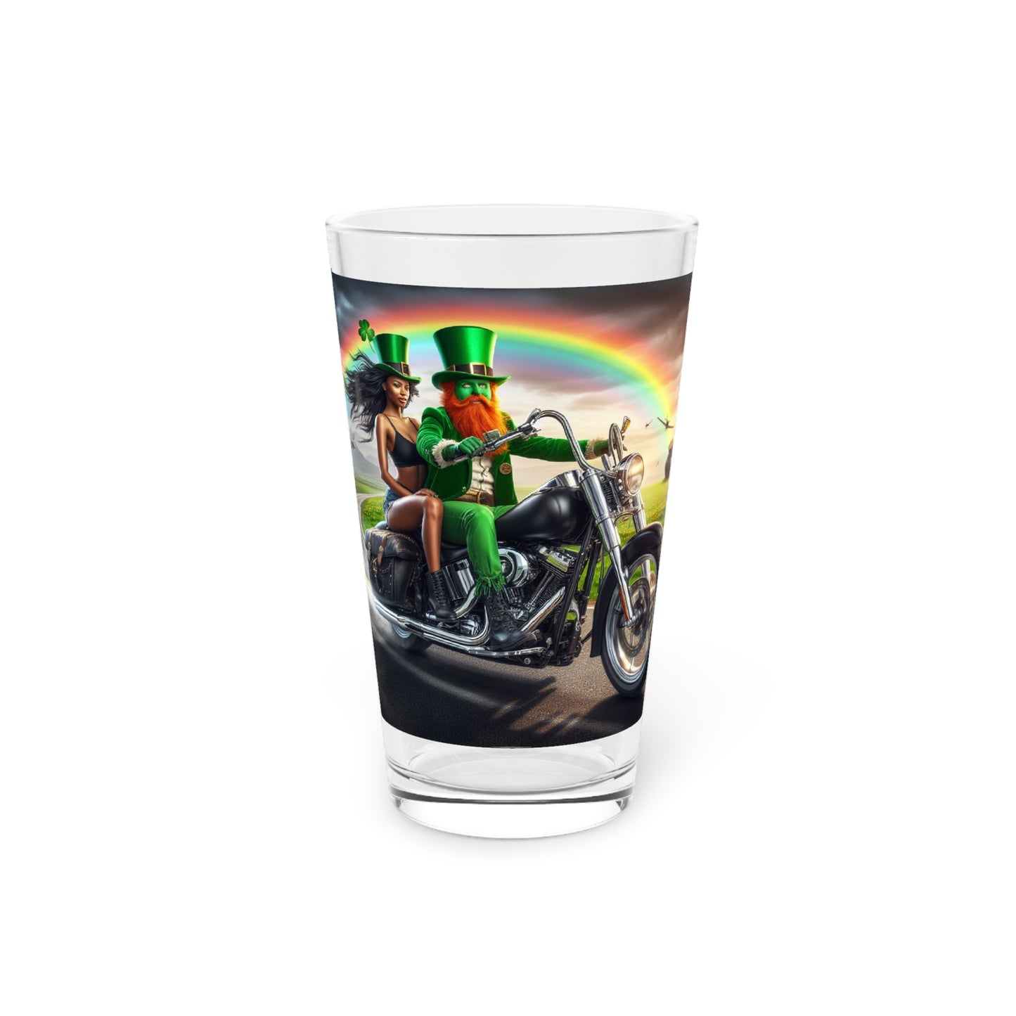 St Patrick's Day Pint Glass With Motorcycle Couple Riding a Green Bike And A Thoughtful Irish Style Toast For All Times Harley Couple