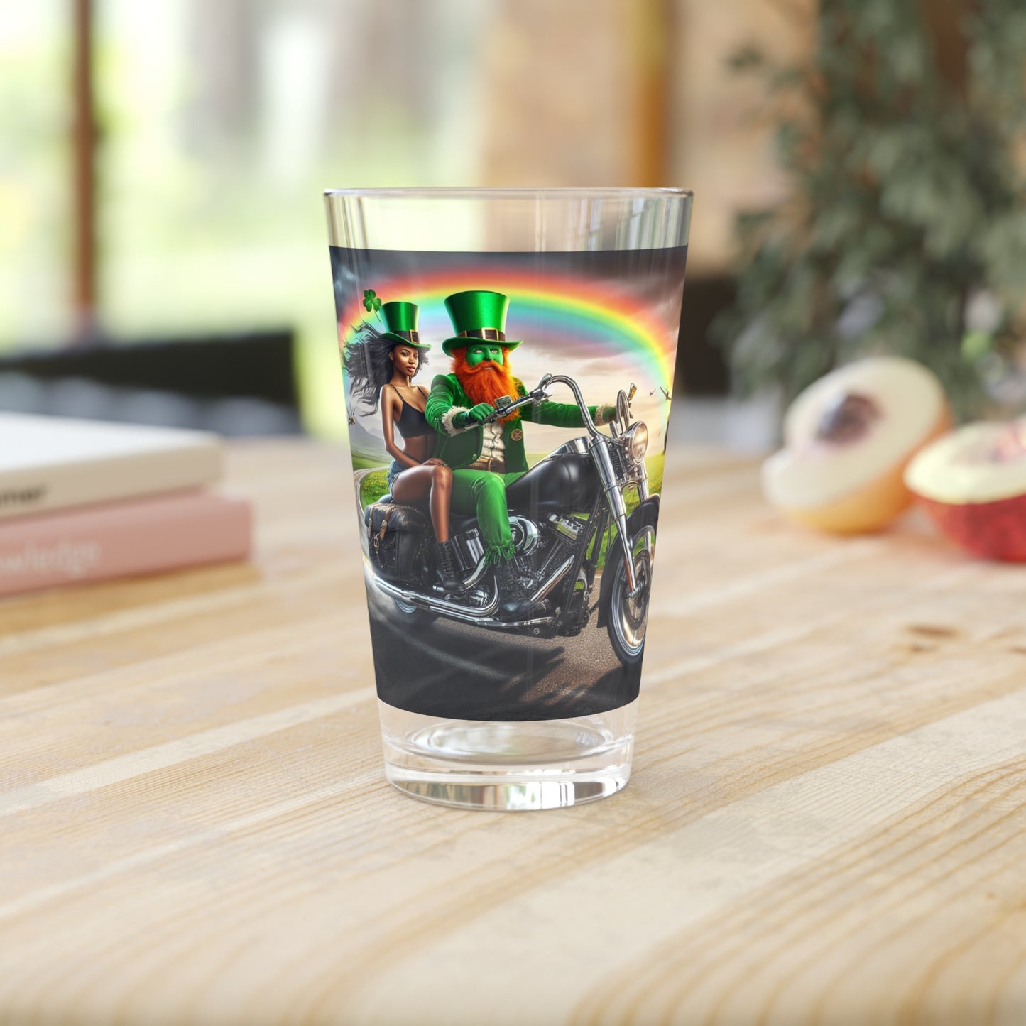 St Patrick's Day Pint Glass With Motorcycle Couple Riding a Green Bike And A Thoughtful Irish Style Toast For All Times Harley Couple