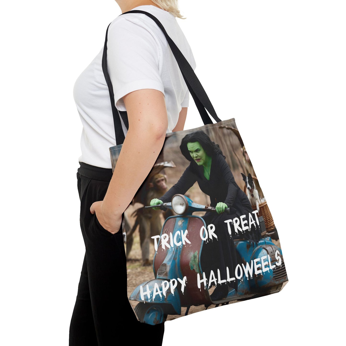 Spooky Halloween Tote Bag - Wicked Witch on Broken Scooter with Toto & Flying Monkeys | Perfect for Trick-or-Treating or Reusable Shopping!