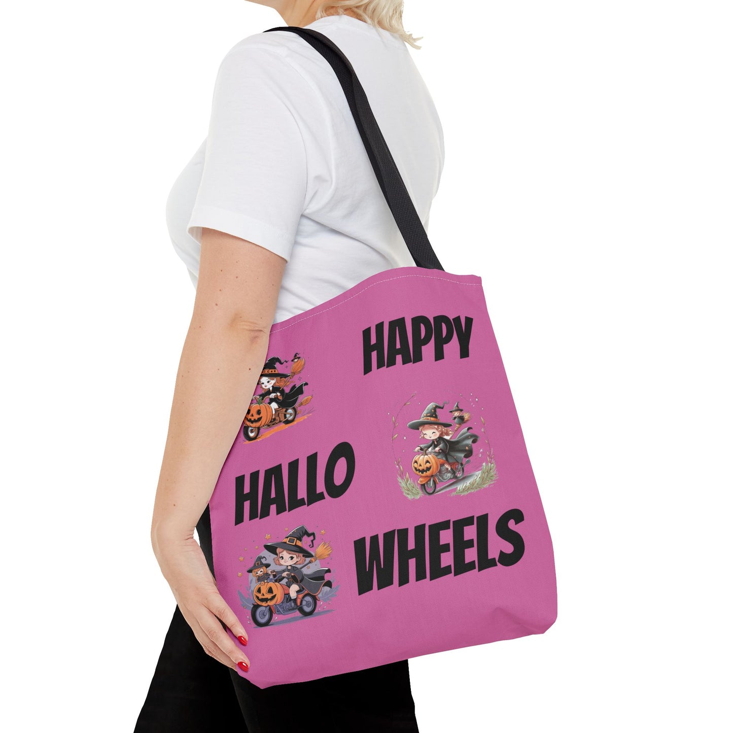 Happy Hallo Wheels Trick or Treat Tote: Spooky, Stylish, and Sustainable with Halloween Biker Girls Design – Perfect for Festive Fun and Daily Use!