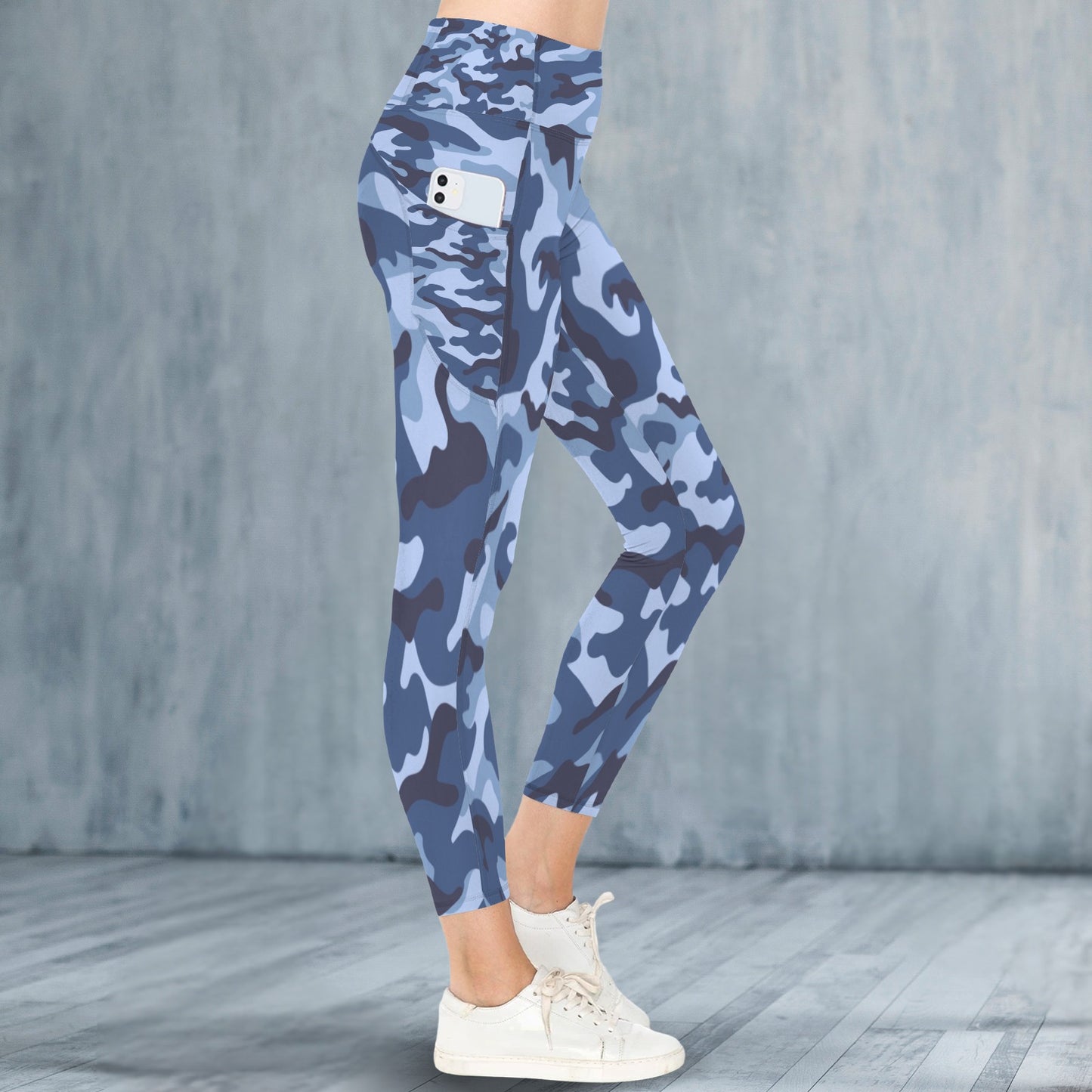 Blue Light Blue and Black Pattern Cammo Leggings With Pocket