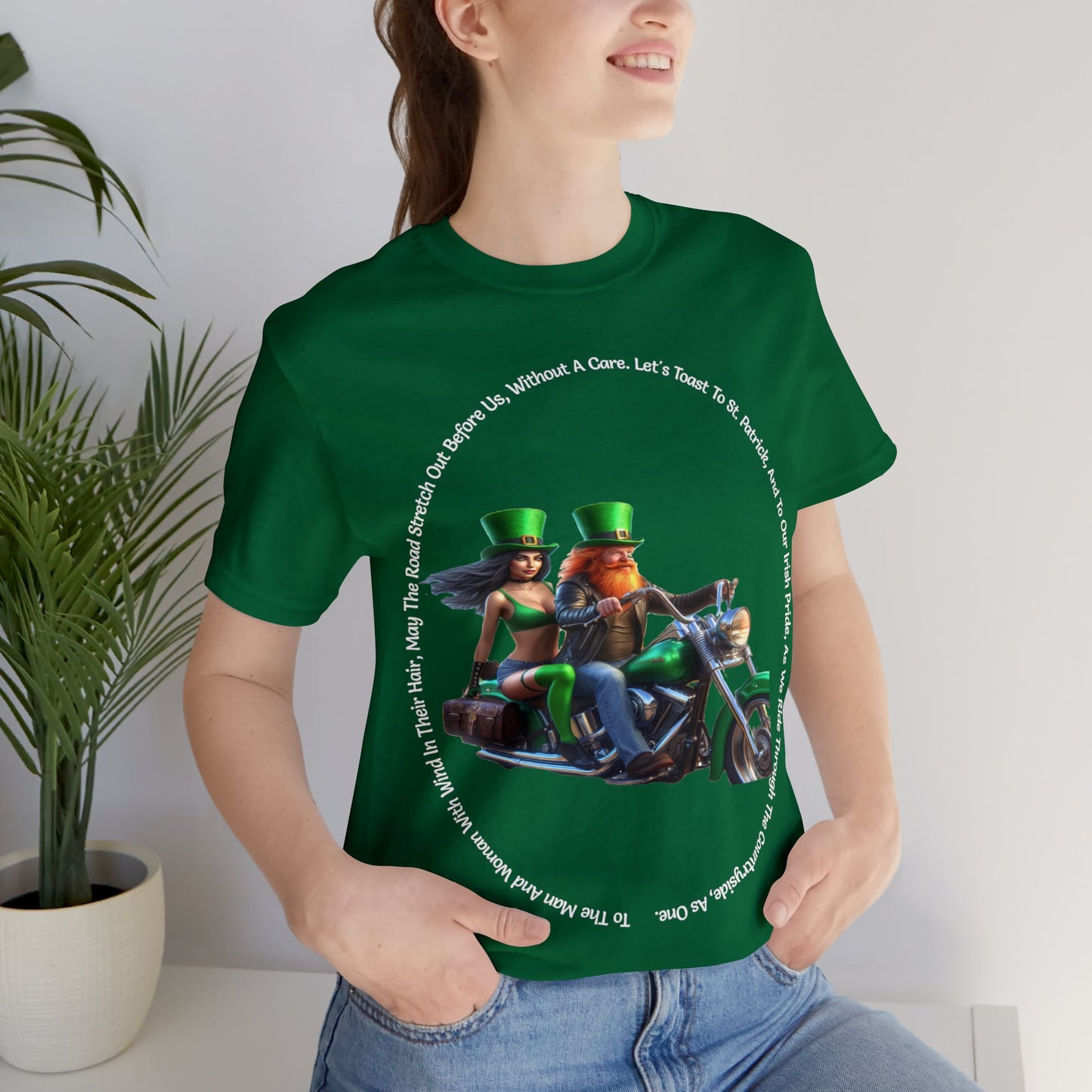 St Patrick's Day 2024 Biker Couple T- Shirt On a Harley With Irish Biker Toast Surrounding Bike Party Shirt Bar Shirt Lucky Shirt Irish Luck