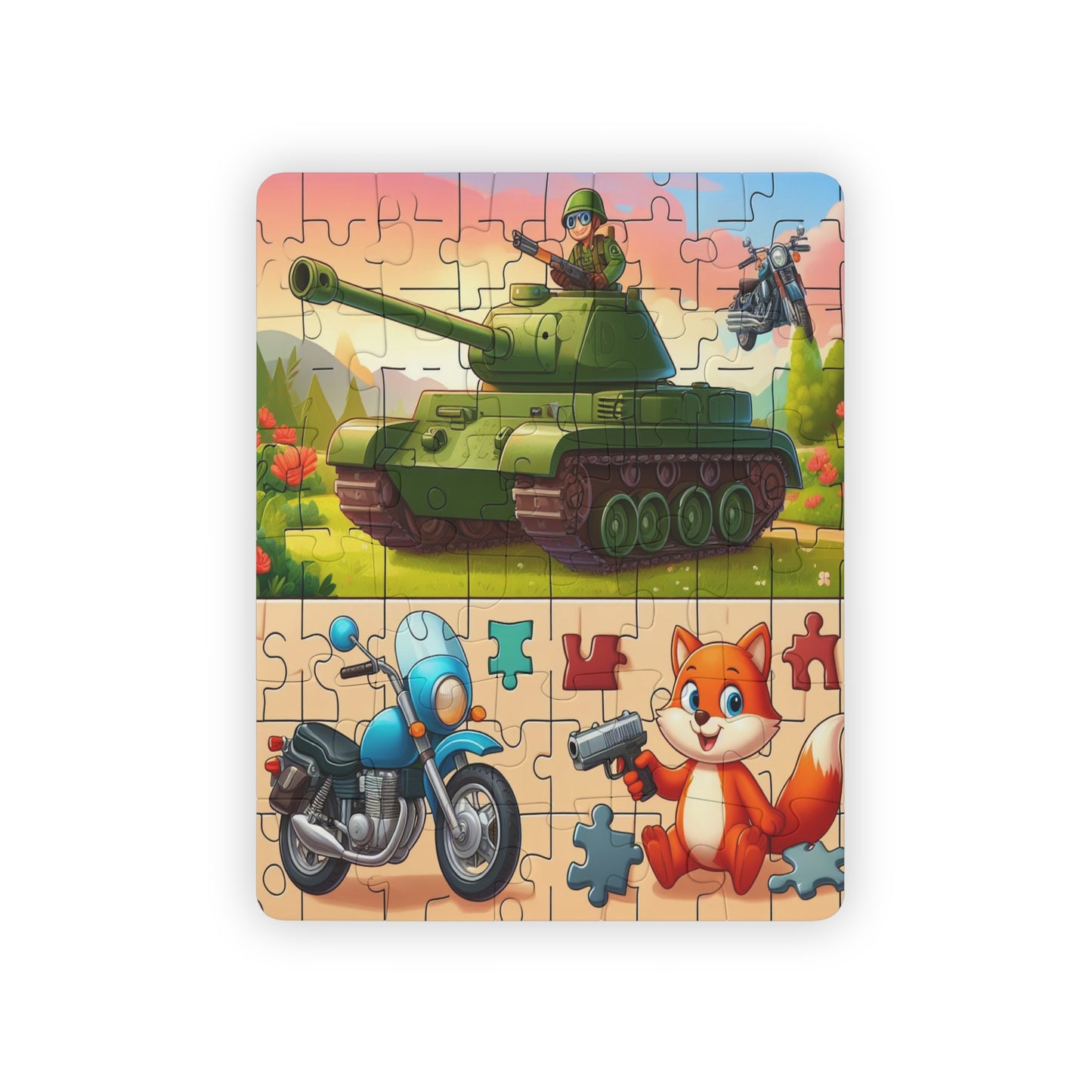 Whimsical Kids Puzzle With Random Generated Army Tank, Motorcycle and , Chipmunk 30 Piece Puzzle, large Pieces Cartoonish Puzzle, Gift For Kids Educational